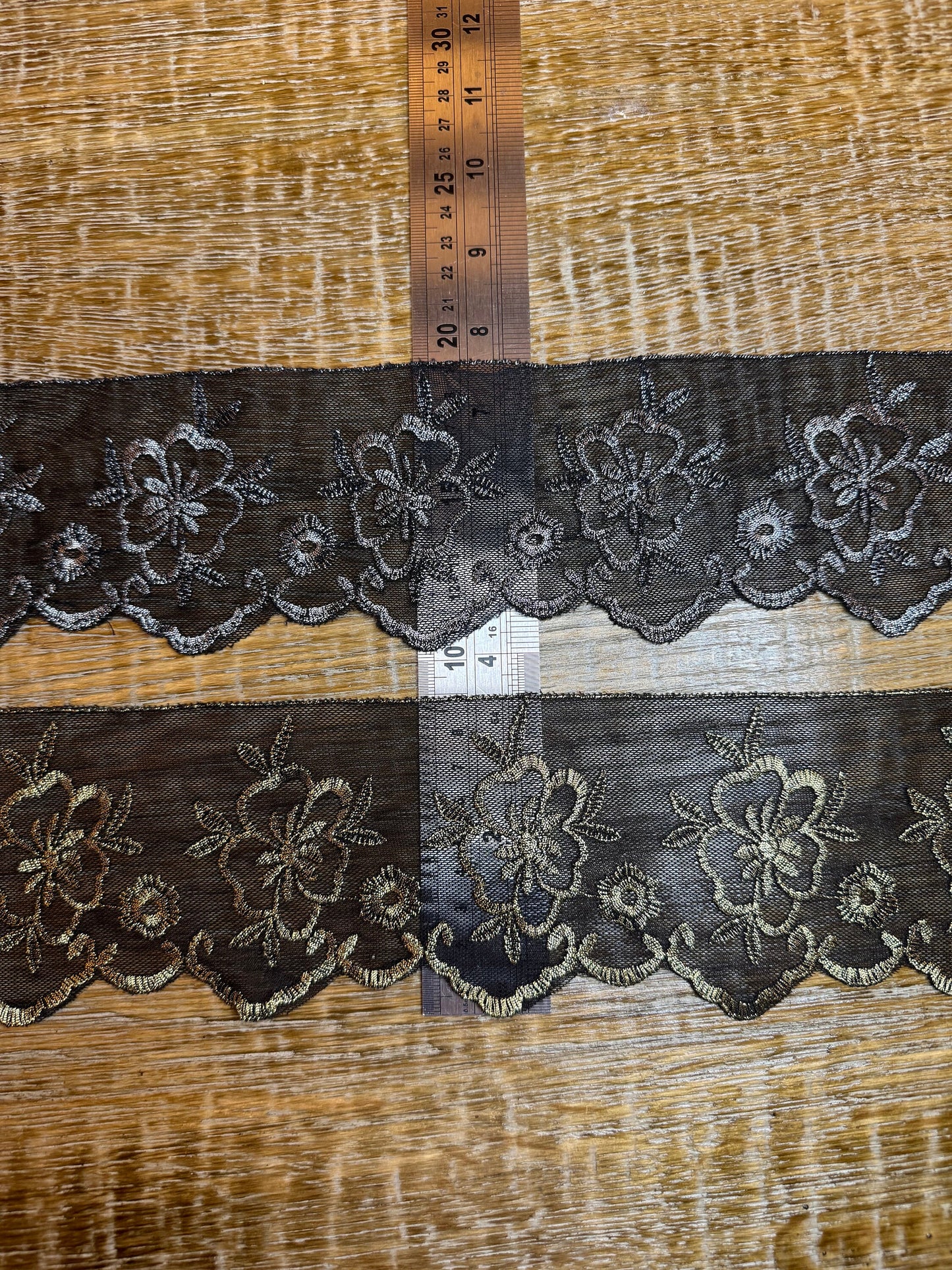 Black Lurex Lace Trim, Floral Embroidery, Silver & Gold Accents, 3.5" Wide