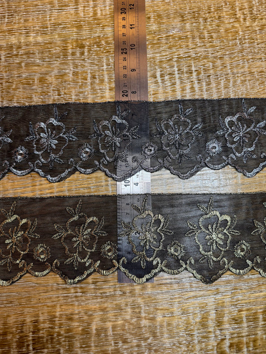 Black Lurex Lace Trim, Floral Embroidery, Silver & Gold Accents, 3.5" Wide