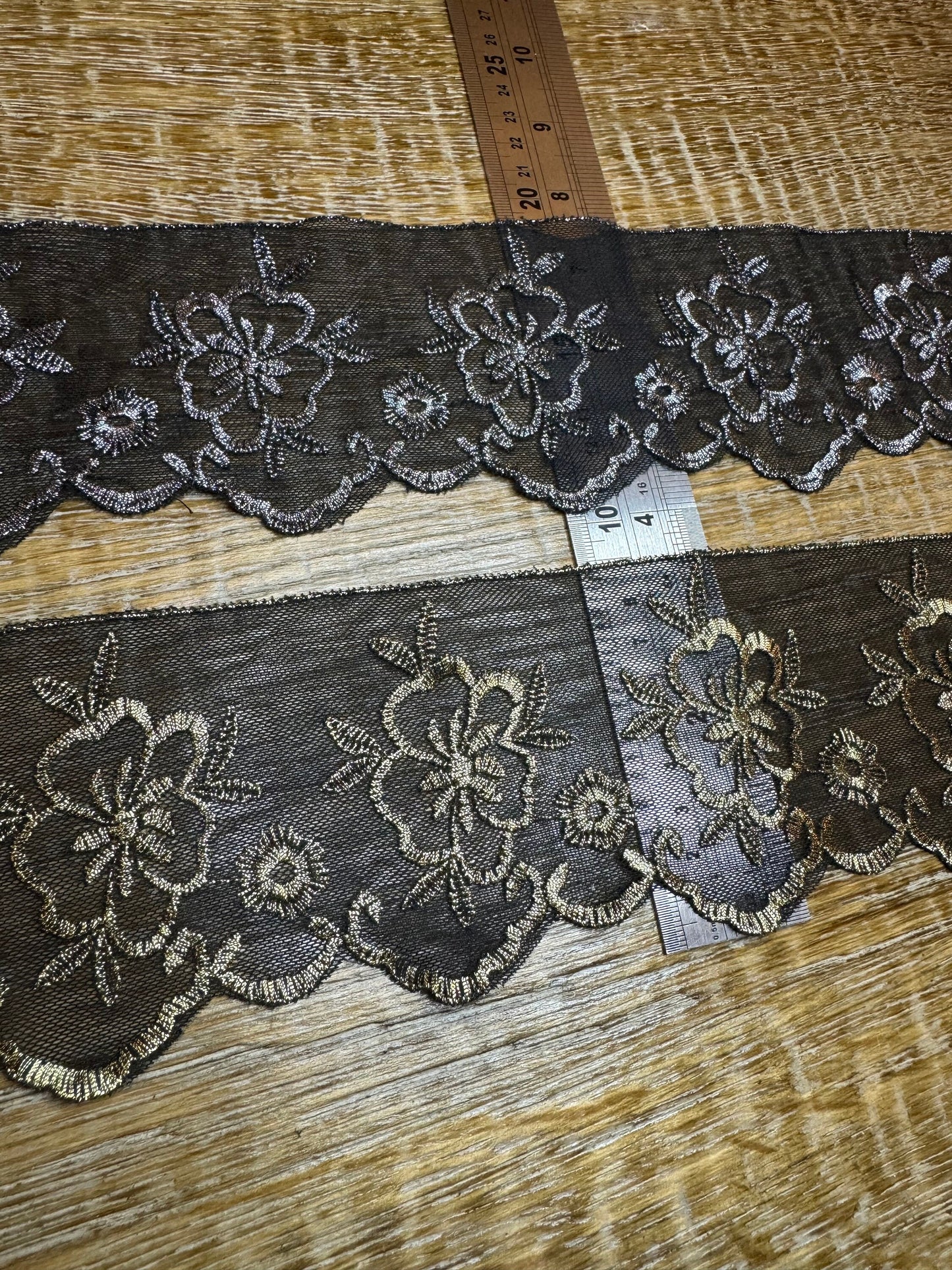Black Lurex Lace Trim, Floral Embroidery, Silver & Gold Accents, 3.5" Wide