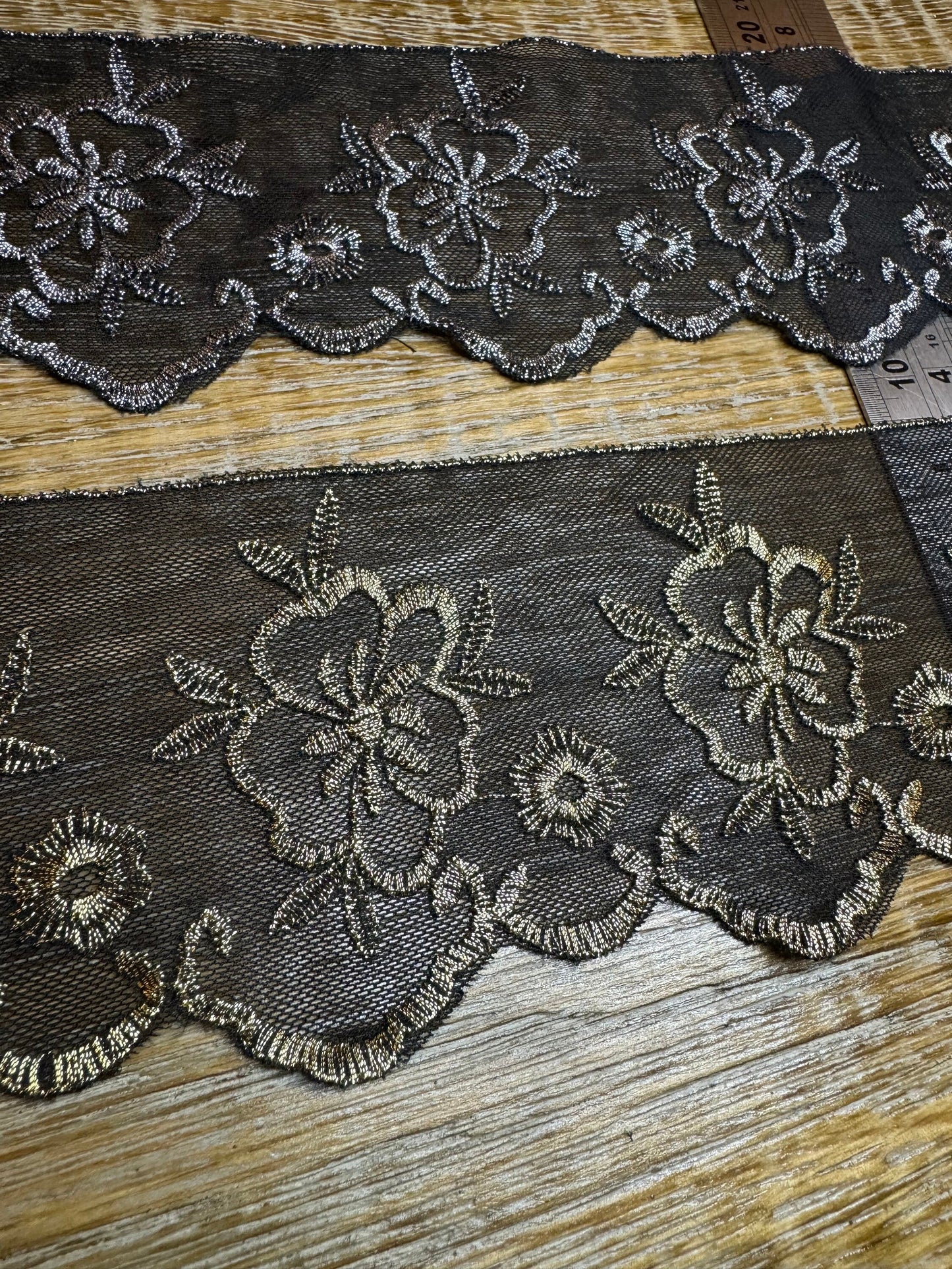 Black Lurex Lace Trim, Floral Embroidery, Silver & Gold Accents, 3.5" Wide