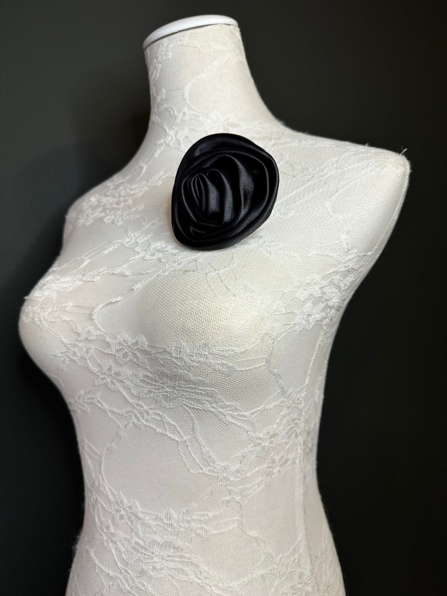 Black Satin Corsage Flower Pin, Bridal Accessory, 5" Wide
