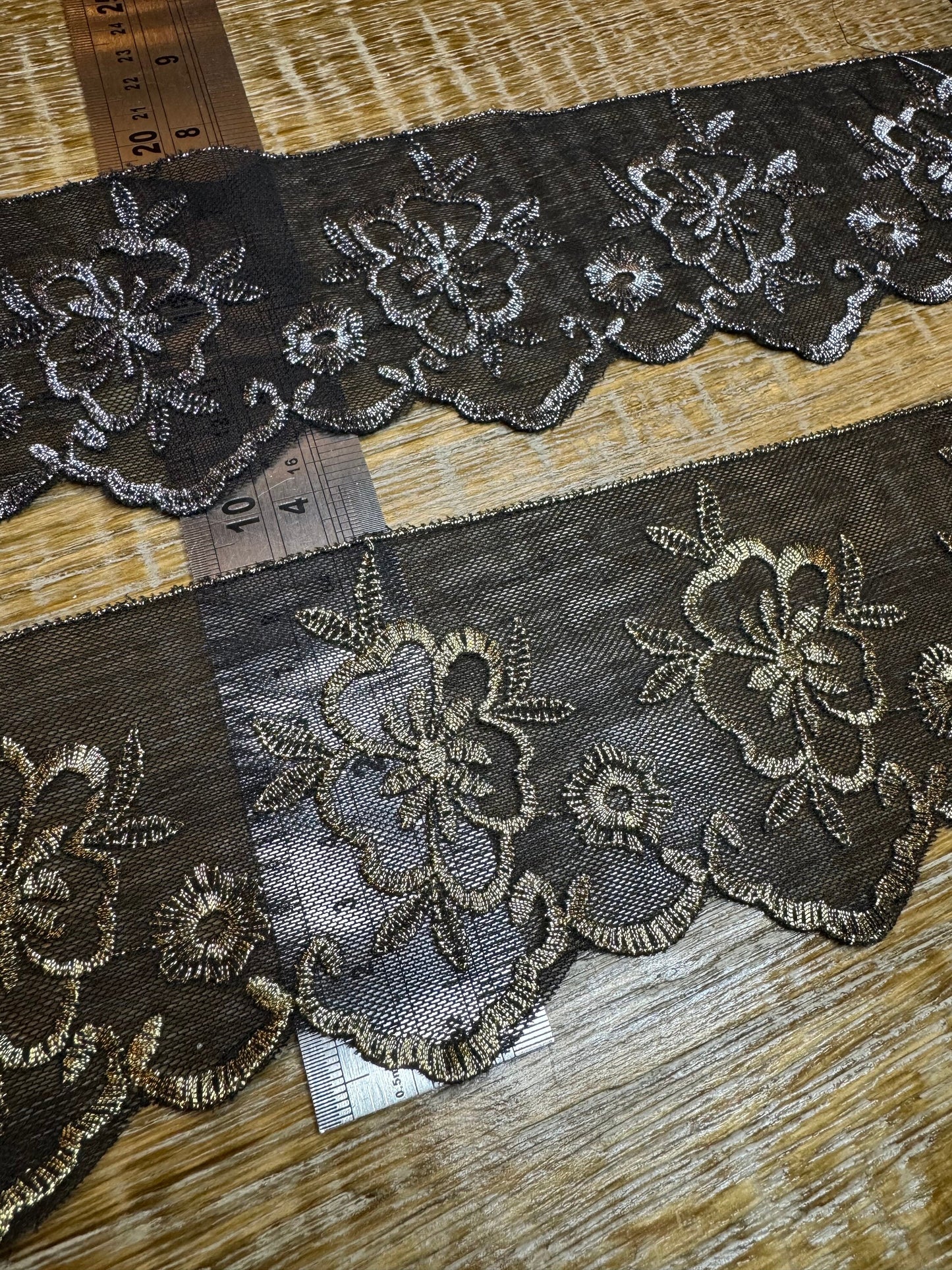 Black Lurex Lace Trim, Floral Embroidery, Silver & Gold Accents, 3.5" Wide
