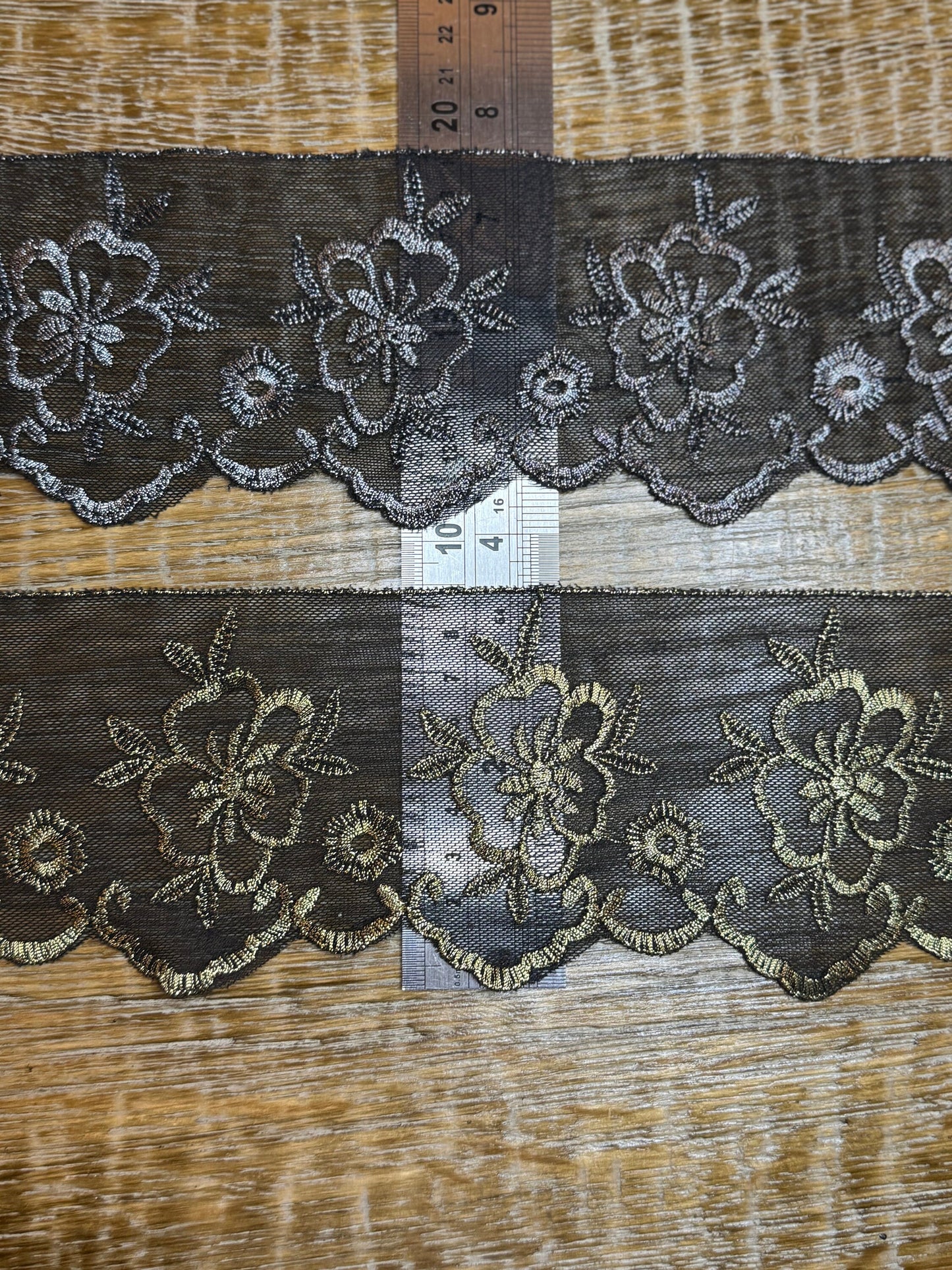 Black Lurex Lace Trim, Floral Embroidery, Silver & Gold Accents, 3.5" Wide