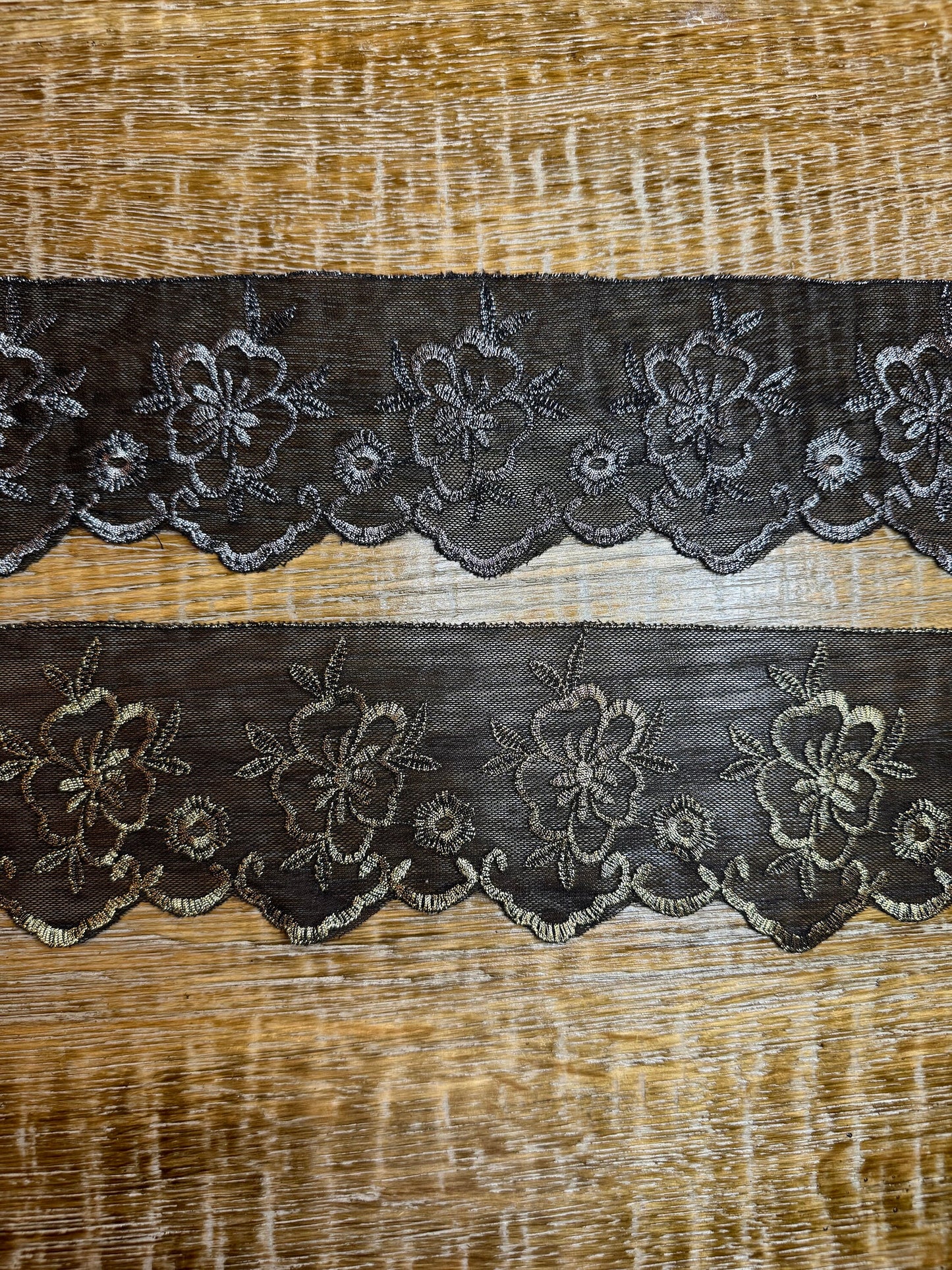 Black Lurex Lace Trim, Floral Embroidery, Silver & Gold Accents, 3.5" Wide