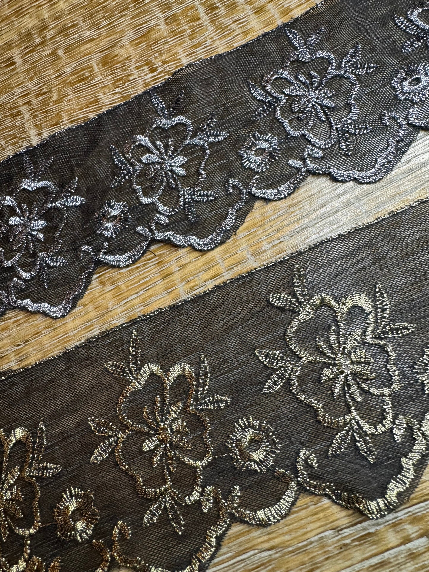 Black Lurex Lace Trim, Floral Embroidery, Silver & Gold Accents, 3.5" Wide