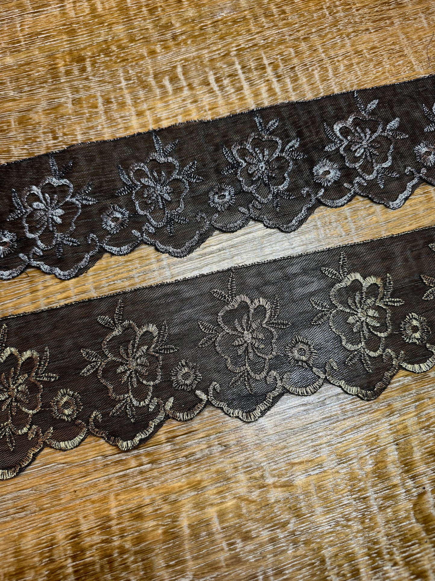 Black Lurex Lace Trim, Floral Embroidery, Silver & Gold Accents, 3.5" Wide