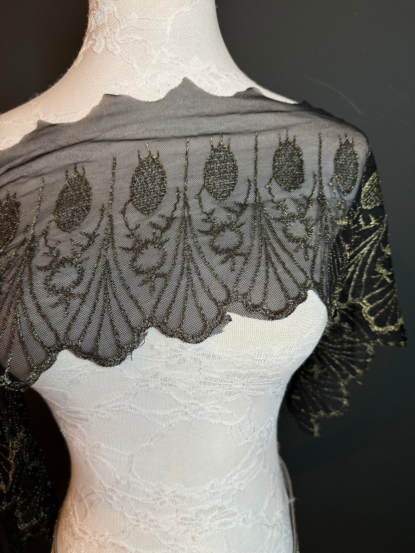 Wide Lurex Lace Trim, Silver and Gold, Black Lace