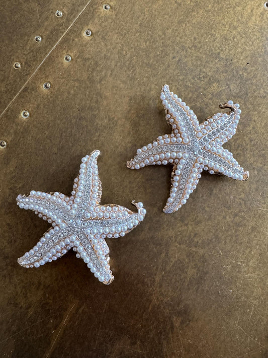 Starfish Brooch, Pearl Rhinestone Design, Gold Metal Accessory