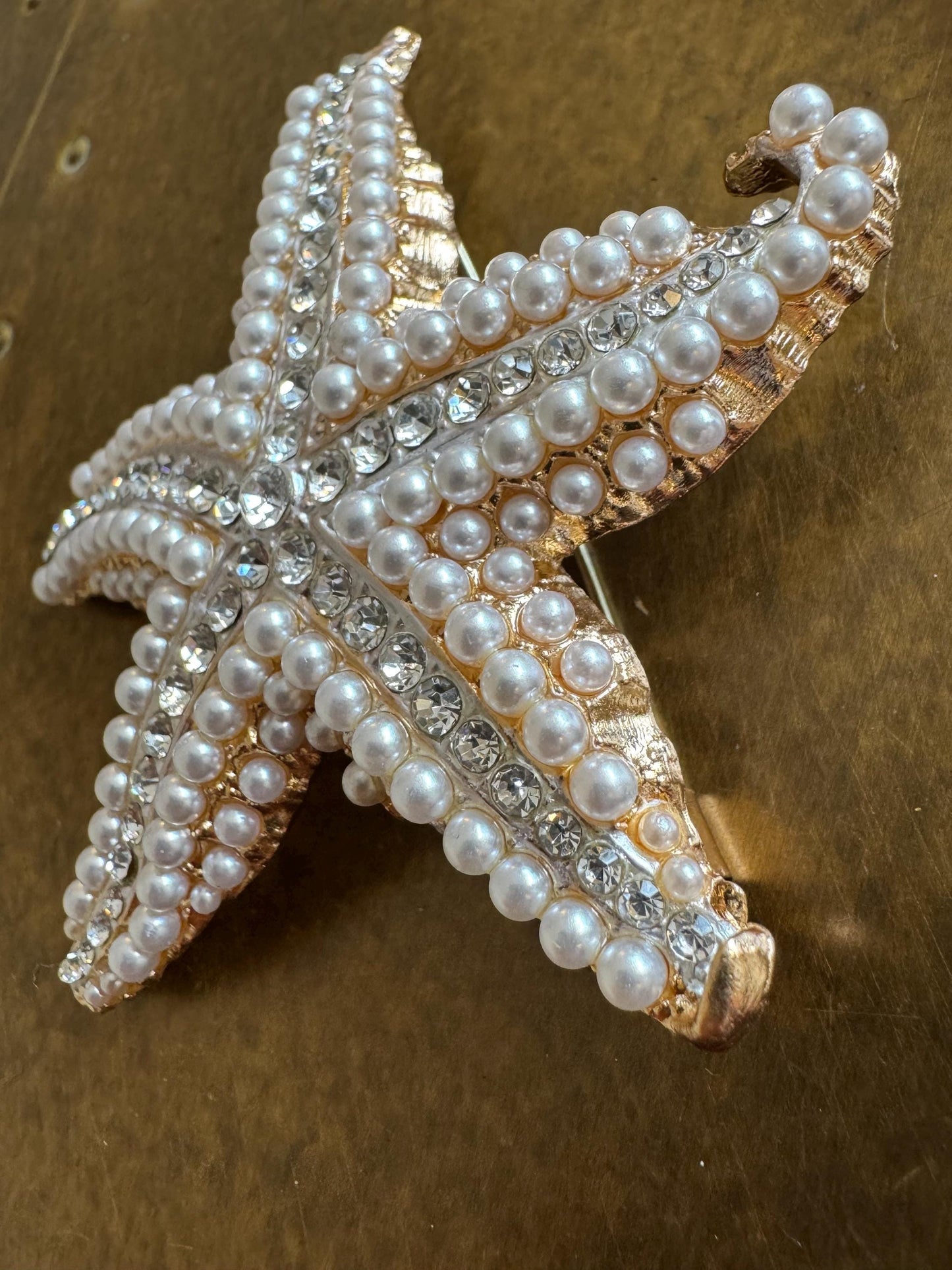 Starfish Brooch, Pearl Rhinestone Design, Gold Metal Accessory