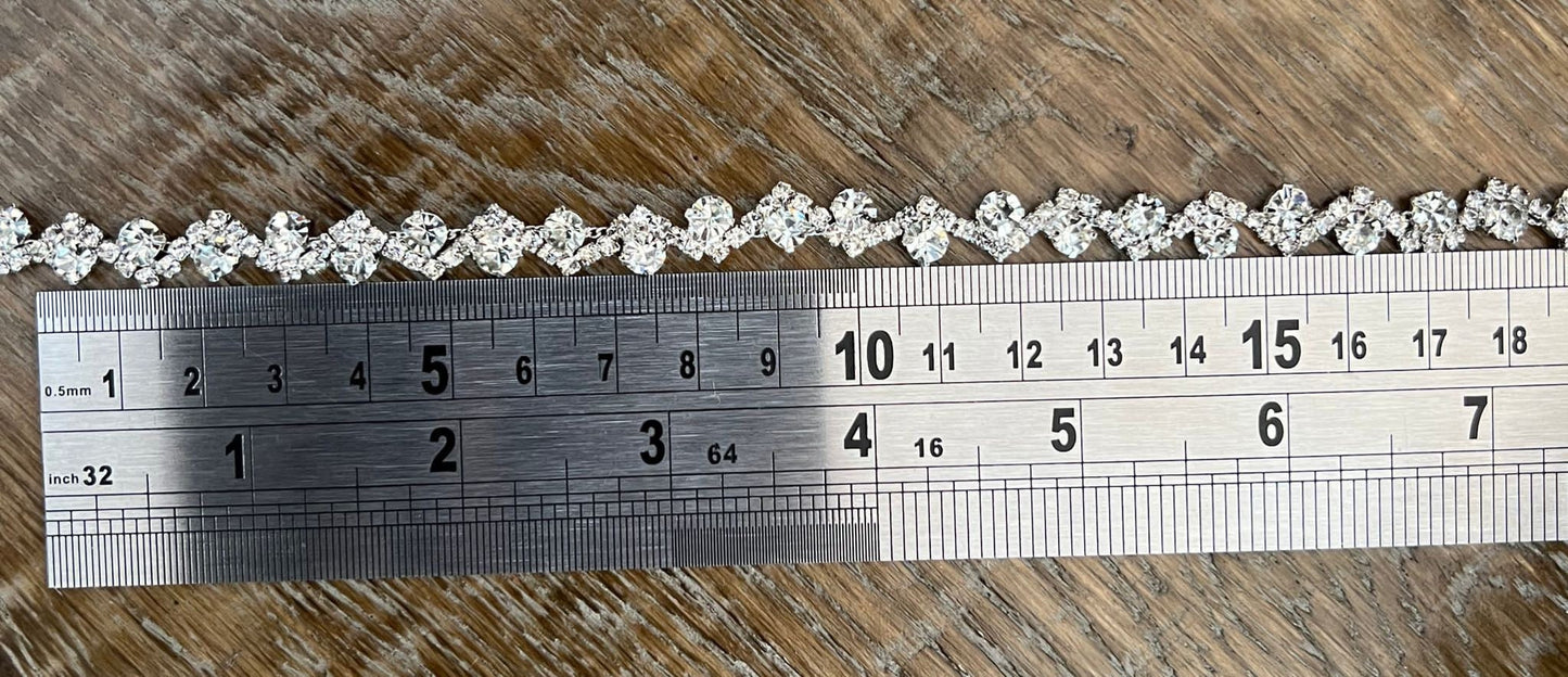 Rhinestone Diamanté, Wavy Chain Trim, Beaded Applique For Wedding Dress, Dancer, Prom, Dresses, Bridal Belt, Bridal Garter, Silver
