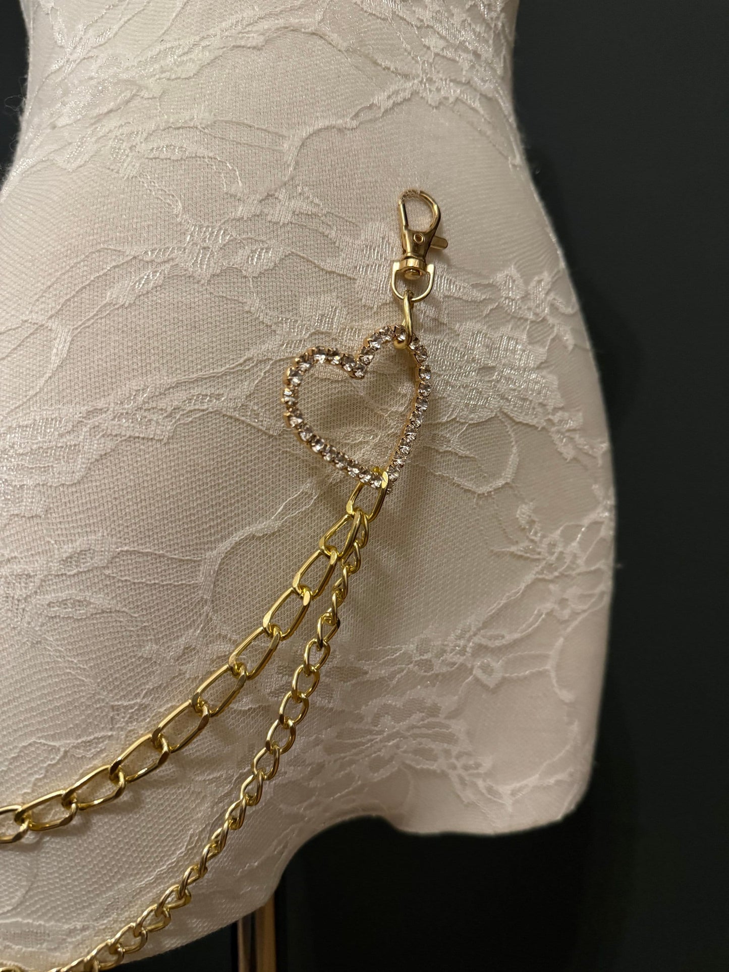 Rhinestone Heart Gold Layered Jeans Chains, 3 size selection,