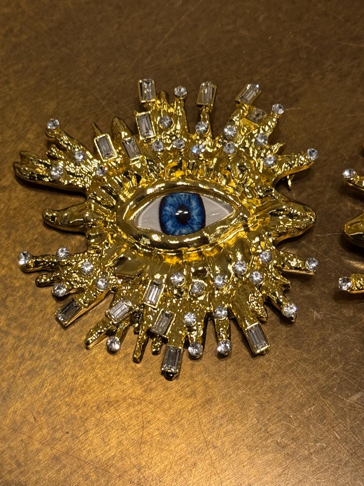 Eyeball Rhinestone Brooch, Gold Diamanté Brooch, Pin on, Jewel, Accessory, 2.5” Wide, Unusual, Gift, FAN Design, Brooches, Festival