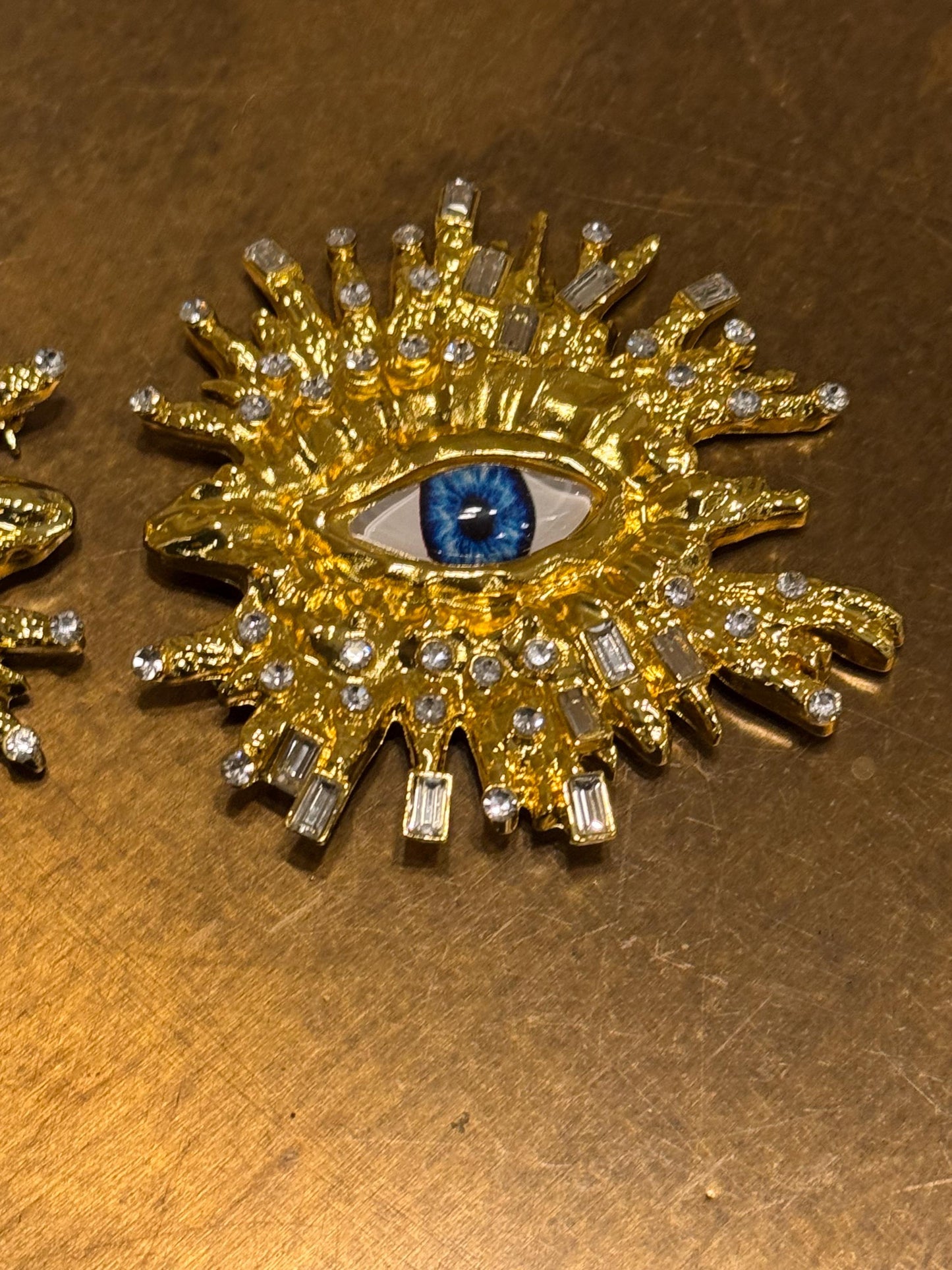 Eyeball Rhinestone Brooch, Gold Diamanté Brooch, Pin on, Jewel, Accessory, 2.5” Wide, Unusual, Gift, FAN Design, Brooches, Festival