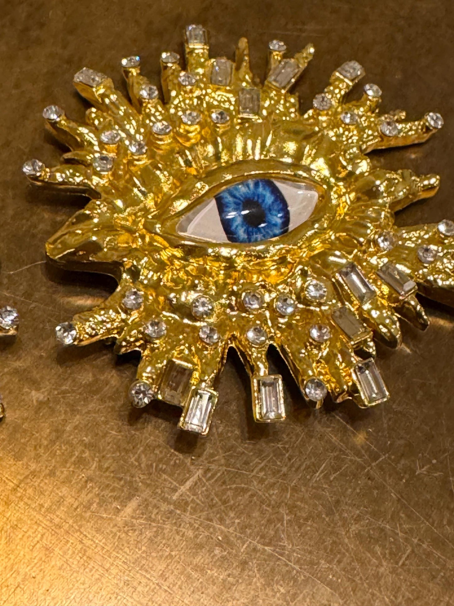 Eyeball Rhinestone Brooch, Gold Diamanté Brooch, Pin on, Jewel, Accessory, 2.5” Wide, Unusual, Gift, FAN Design, Brooches, Festival