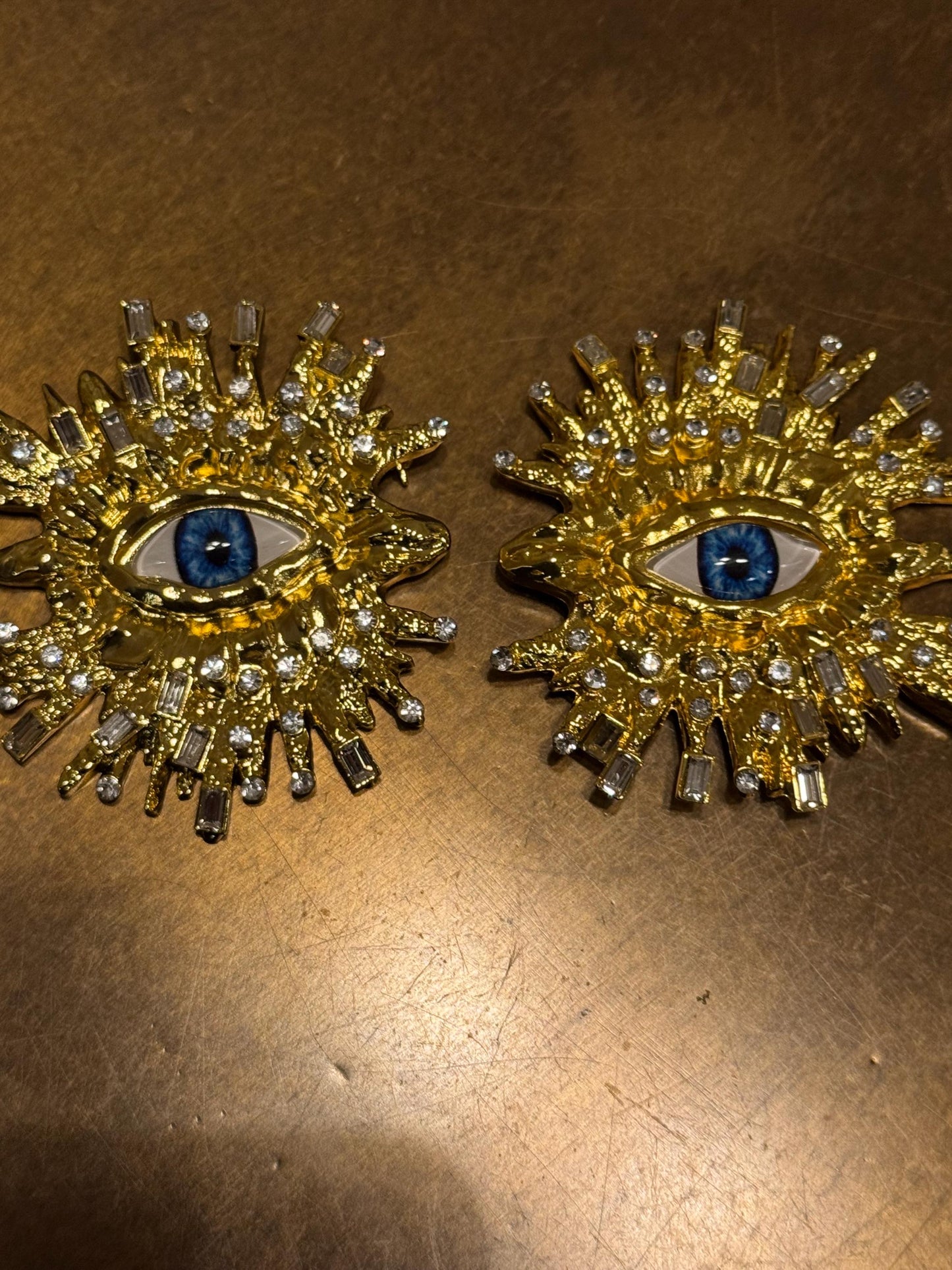 Eyeball Rhinestone Brooch, Gold Diamanté Brooch, Pin on, Jewel, Accessory, 2.5” Wide, Unusual, Gift, FAN Design, Brooches, Festival