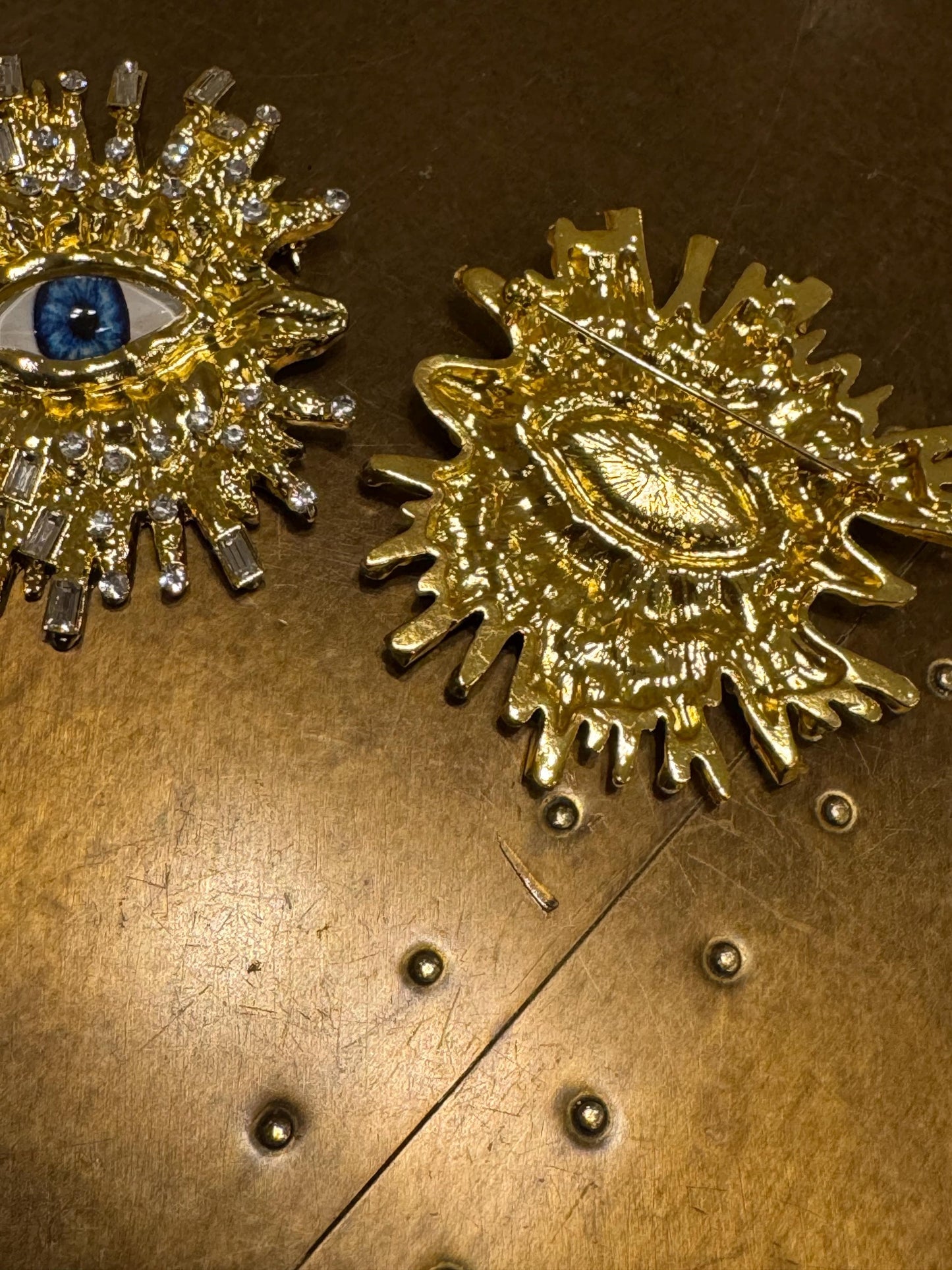 Eyeball Rhinestone Brooch, Gold Diamanté Brooch, Pin on, Jewel, Accessory, 2.5” Wide, Unusual, Gift, FAN Design, Brooches, Festival