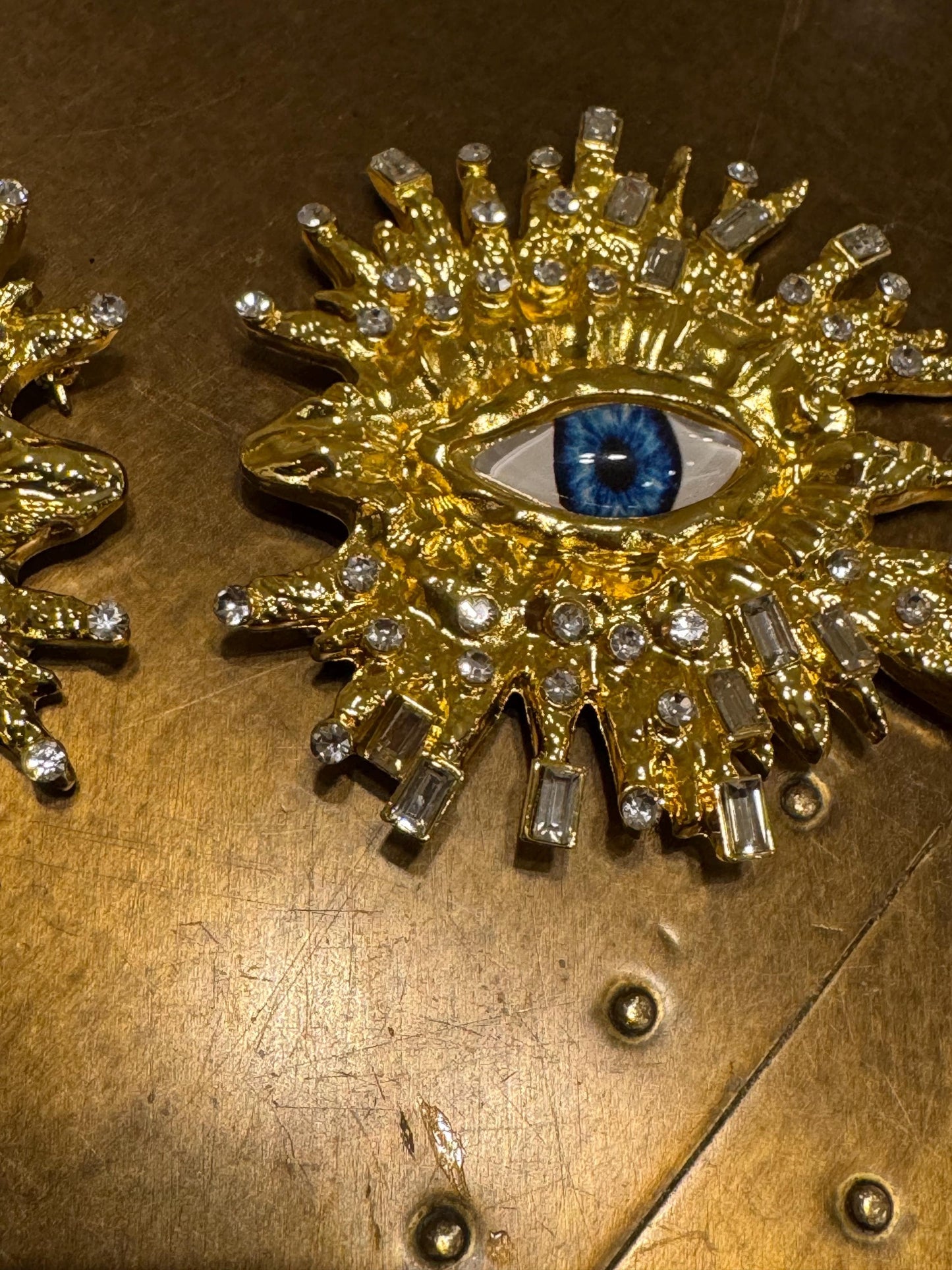 Eyeball Rhinestone Brooch, Gold Diamanté Brooch, Pin on, Jewel, Accessory, 2.5” Wide, Unusual, Gift, FAN Design, Brooches, Festival