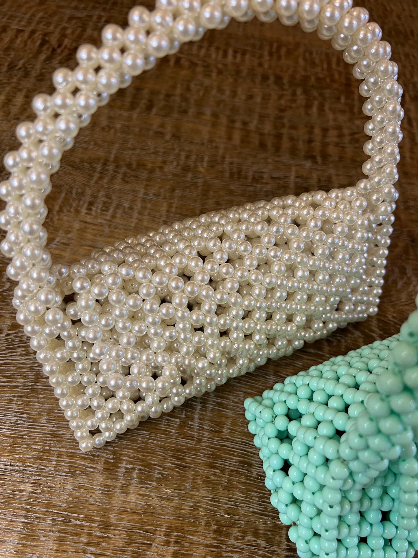 Handmade Beaded Handbag, Ivory Pearl, Mint Green, Fashion Accessory