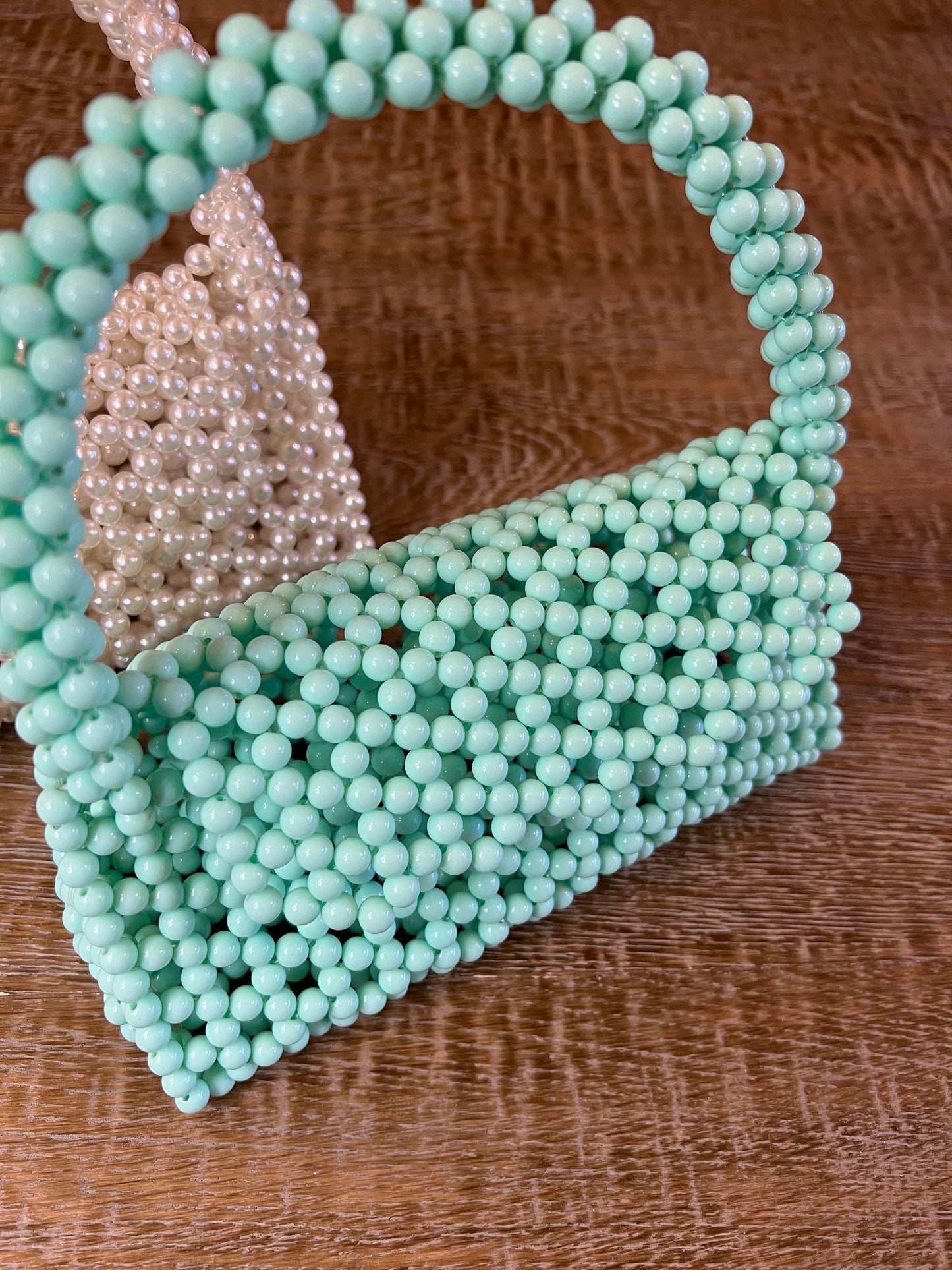 Handmade Beaded Handbag, Ivory Pearl, Mint Green, Fashion Accessory