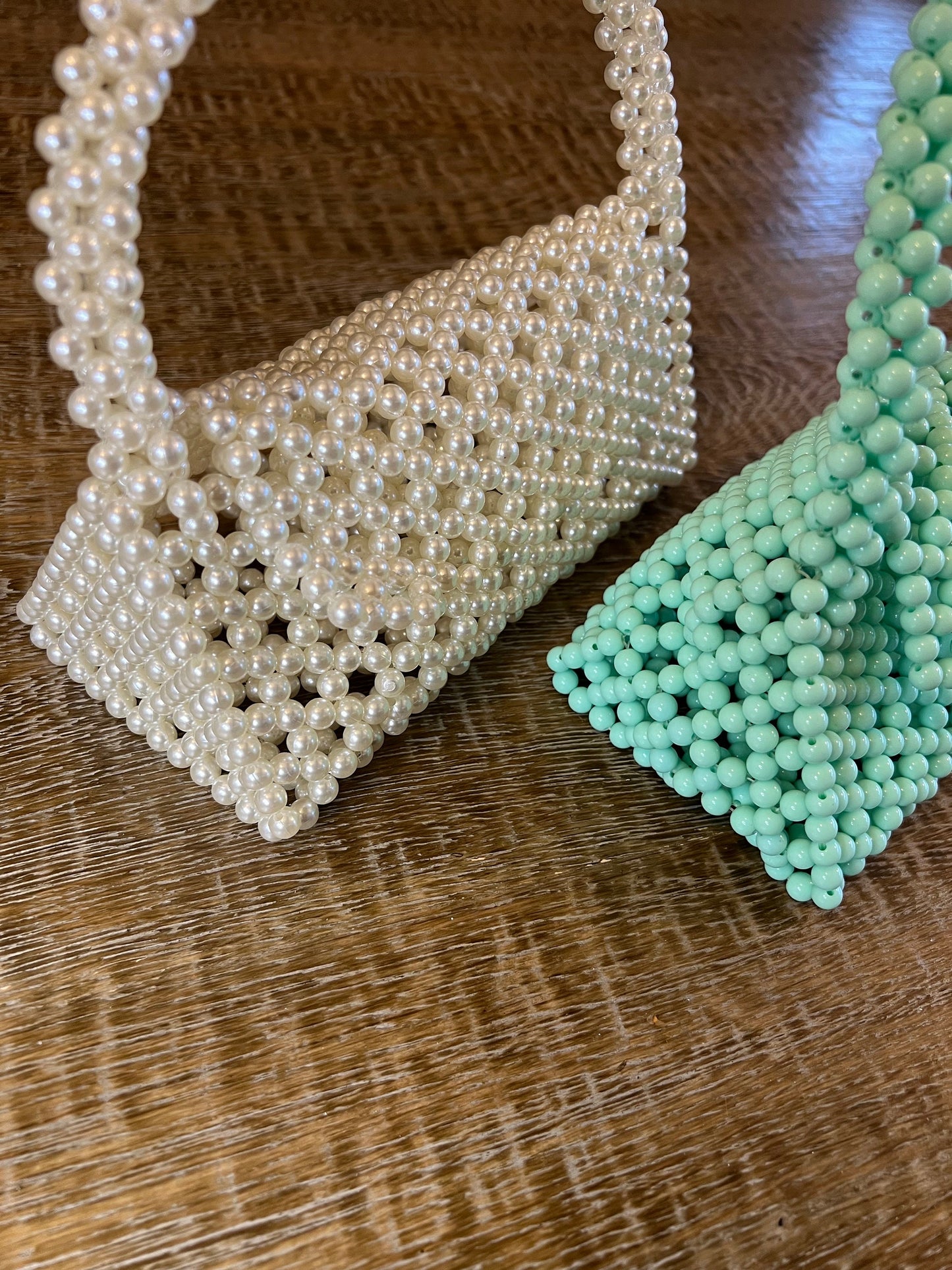 Handmade Beaded Handbag, Ivory Pearl, Mint Green, Fashion Accessory