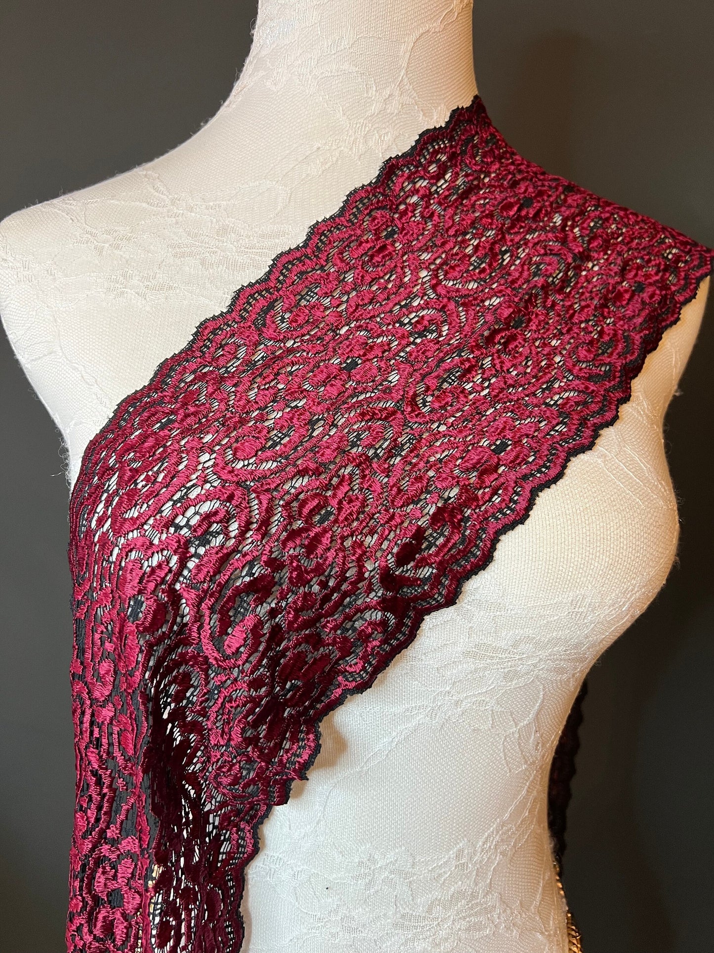 Red Stretch Lace Trim, 5.5" Wide, Lingerie Border