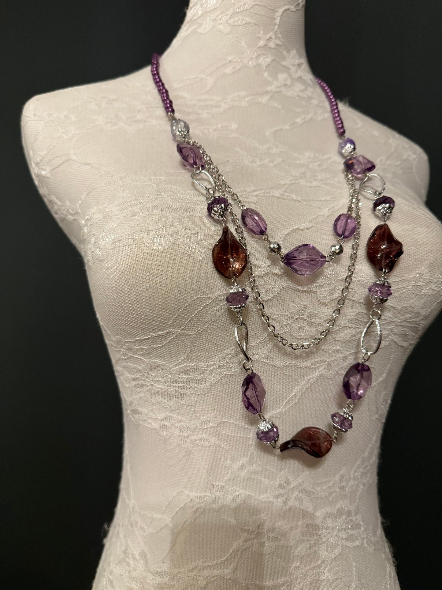 Purple Beaded Necklace, Vintage Style Statement Neckpiece