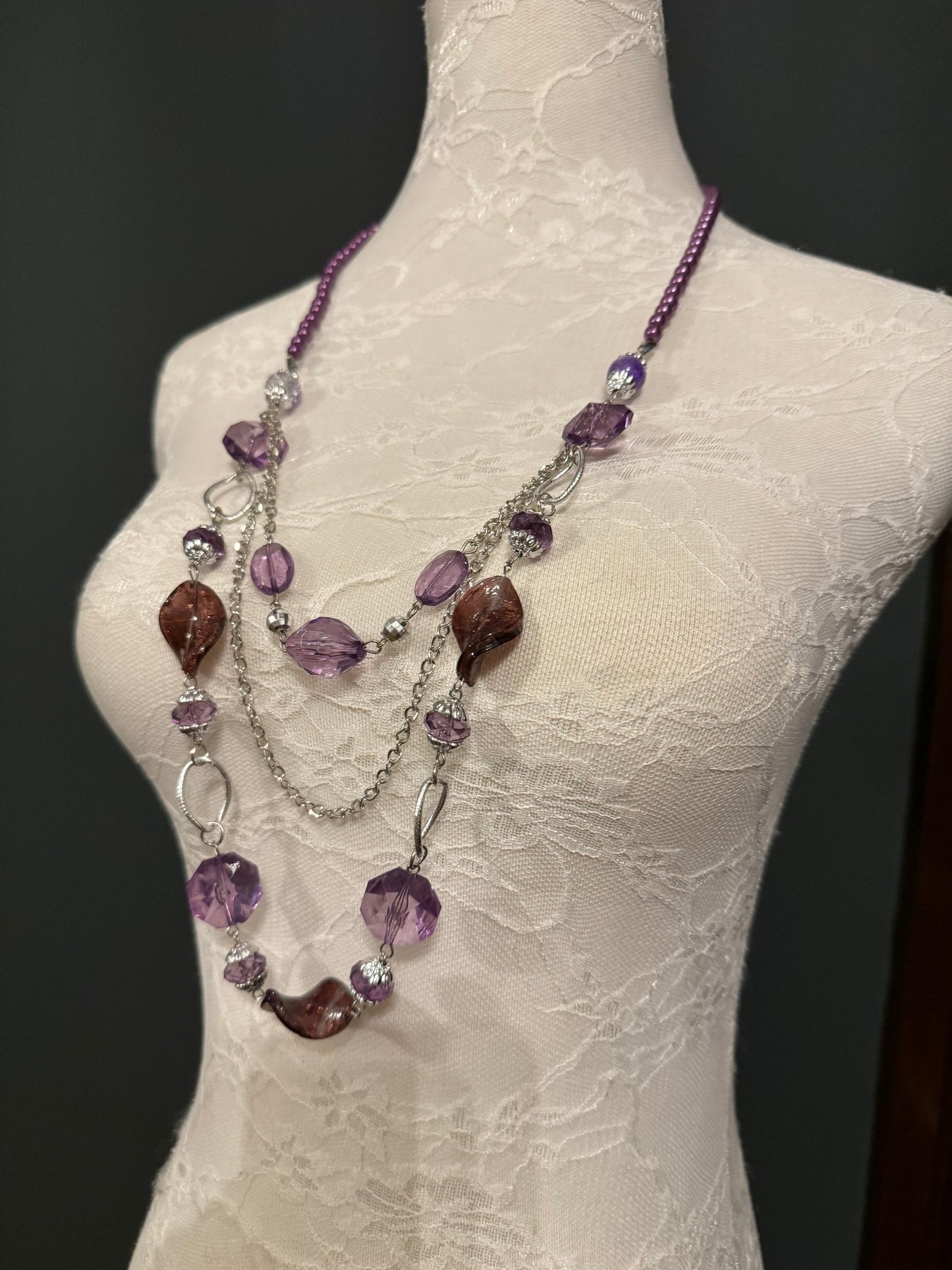 Purple Beaded Necklace, Vintage Style Statement Neckpiece