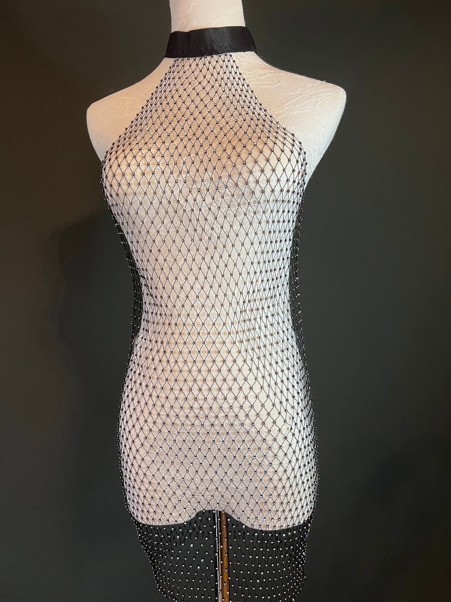 Rhinestone Fishnet Beach Cover Up, Halter Top, Handmade