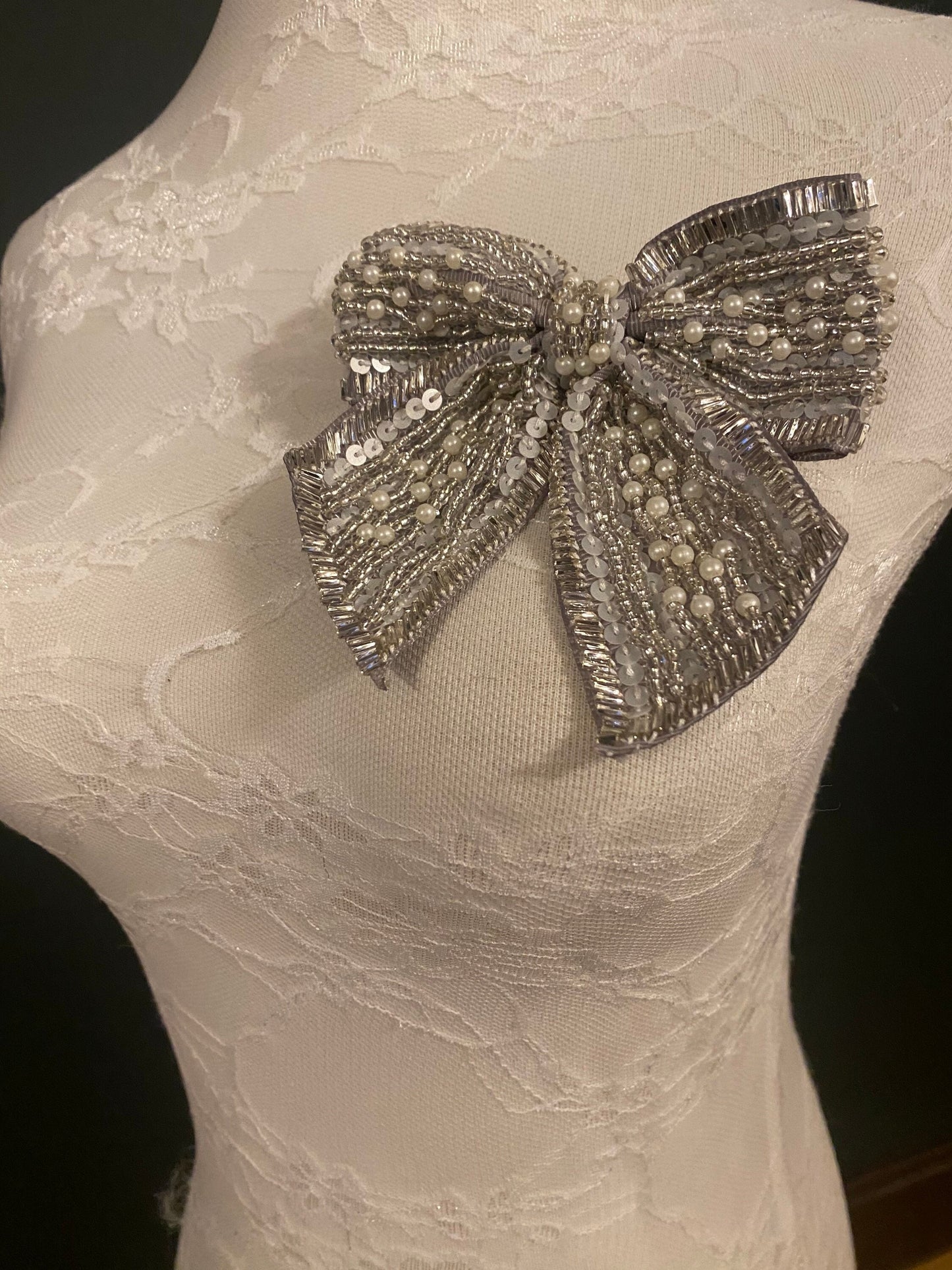 Beaded Bow Corsage, Silver Grey Pearl Brooch (4.5” x 4.5")