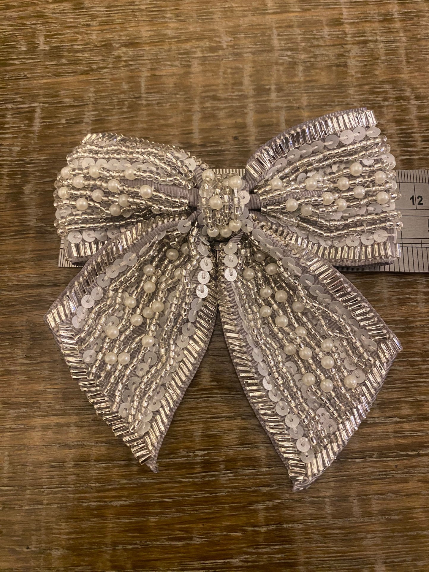 Beaded Bow Corsage, Silver Grey Pearl Brooch (4.5” x 4.5")