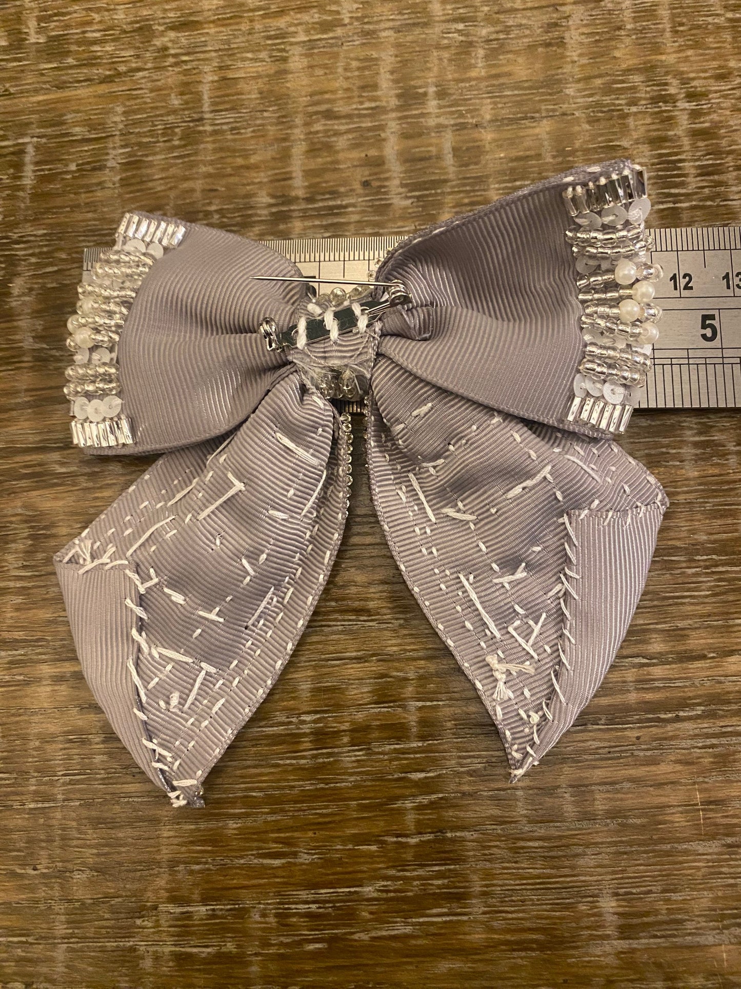 Beaded Bow Corsage, Silver Grey Pearl Brooch (4.5” x 4.5")