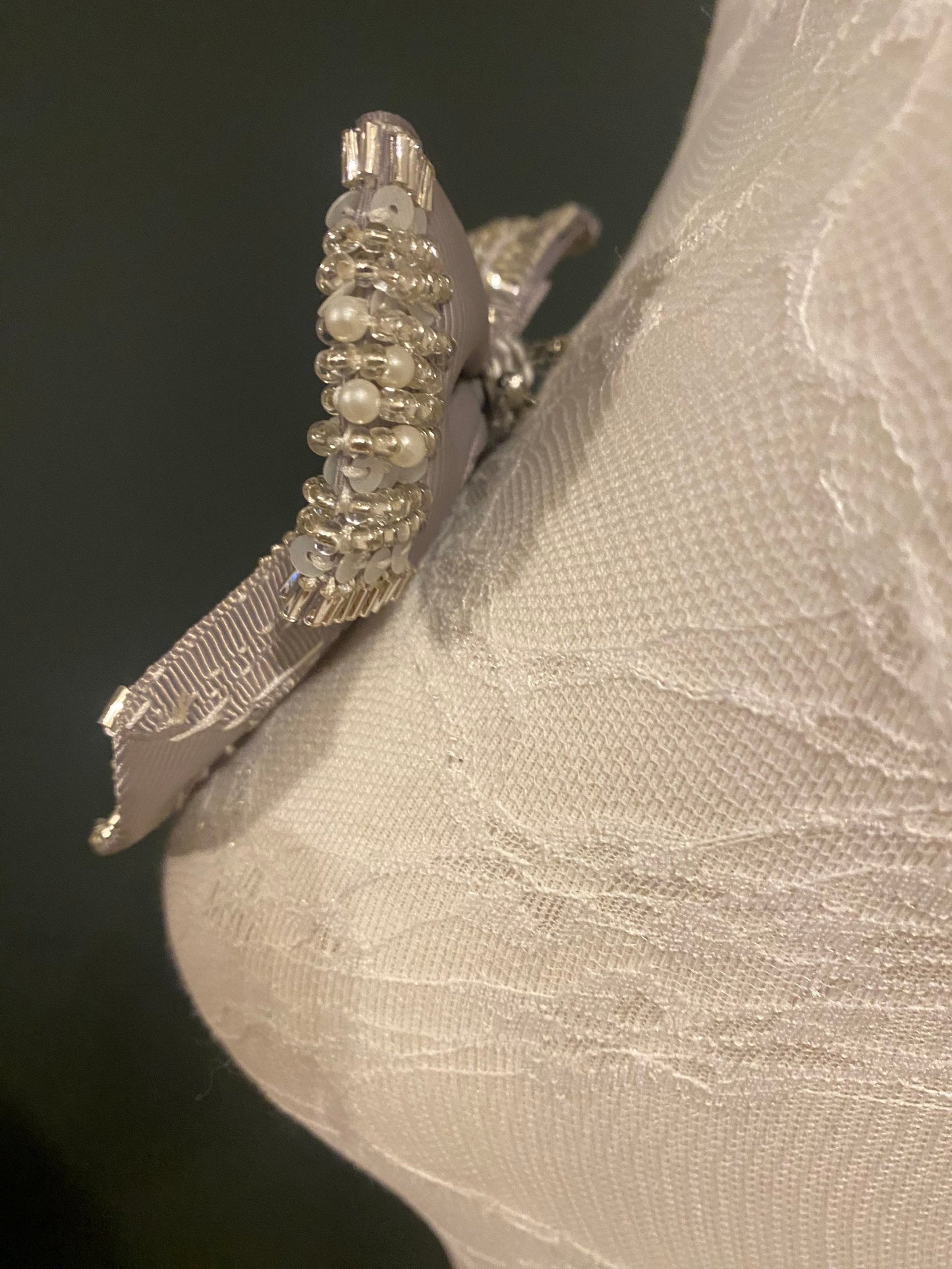 Beaded Bow Corsage, Silver Grey Pearl Brooch (4.5” x 4.5")
