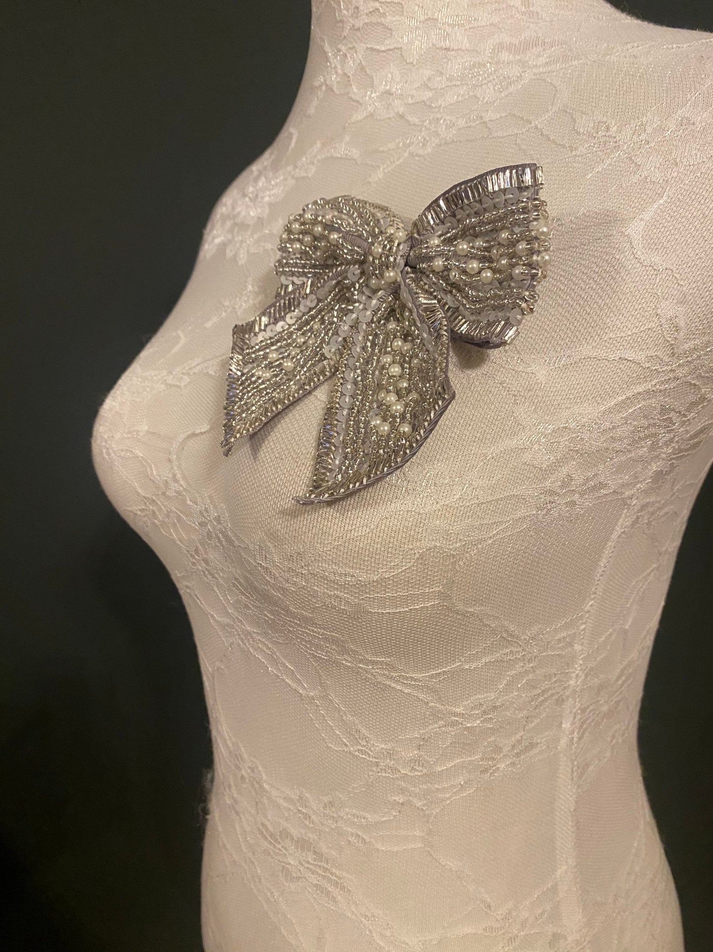Beaded Bow Corsage, Silver Grey Pearl Brooch (4.5” x 4.5")