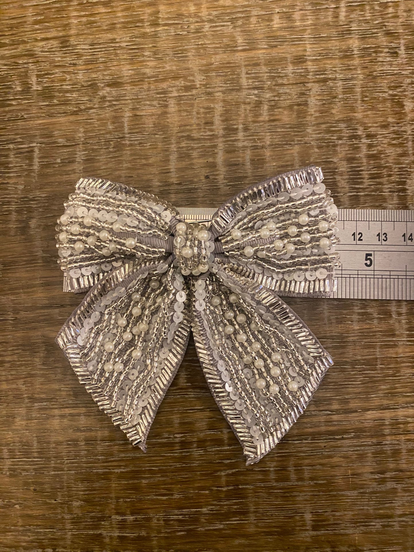 Beaded Bow Corsage, Silver Grey Pearl Brooch (4.5” x 4.5")