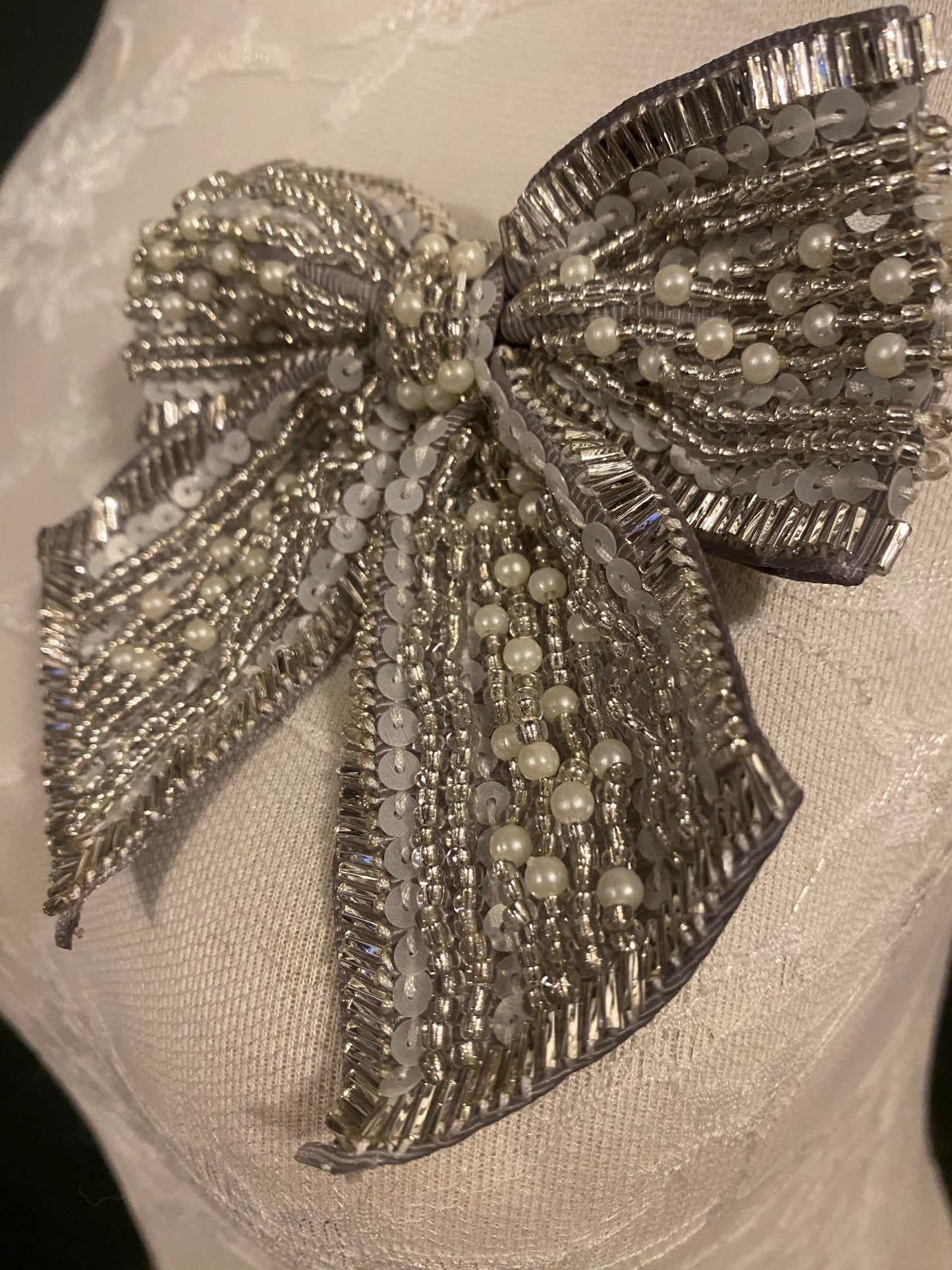 Beaded Bow Corsage, Silver Grey Pearl Brooch (4.5” x 4.5")