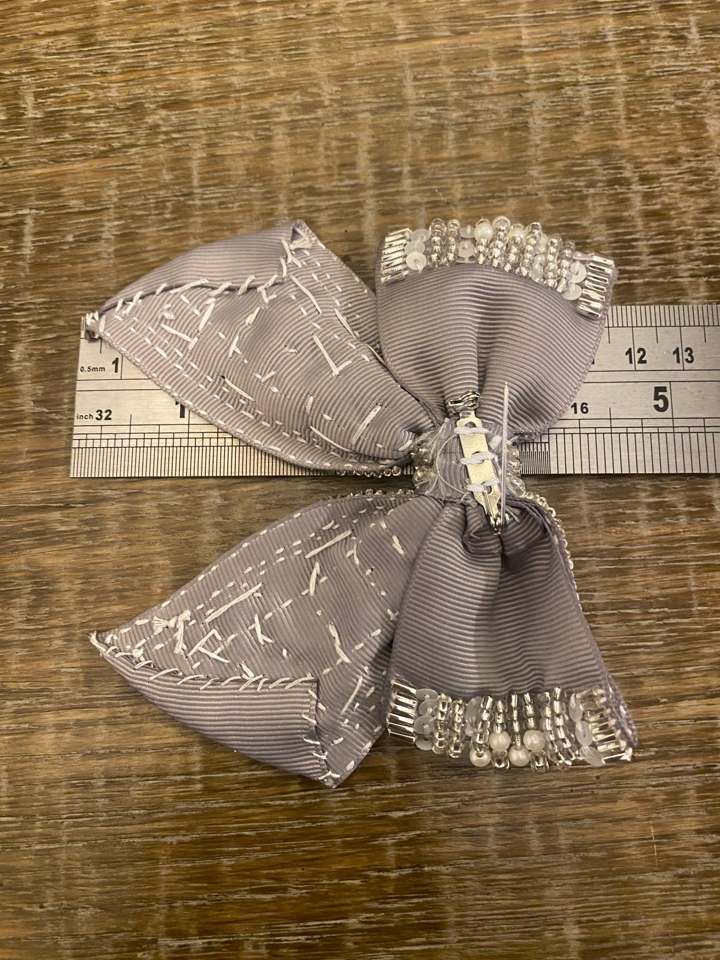 Beaded Bow Corsage, Silver Grey Pearl Brooch (4.5” x 4.5")