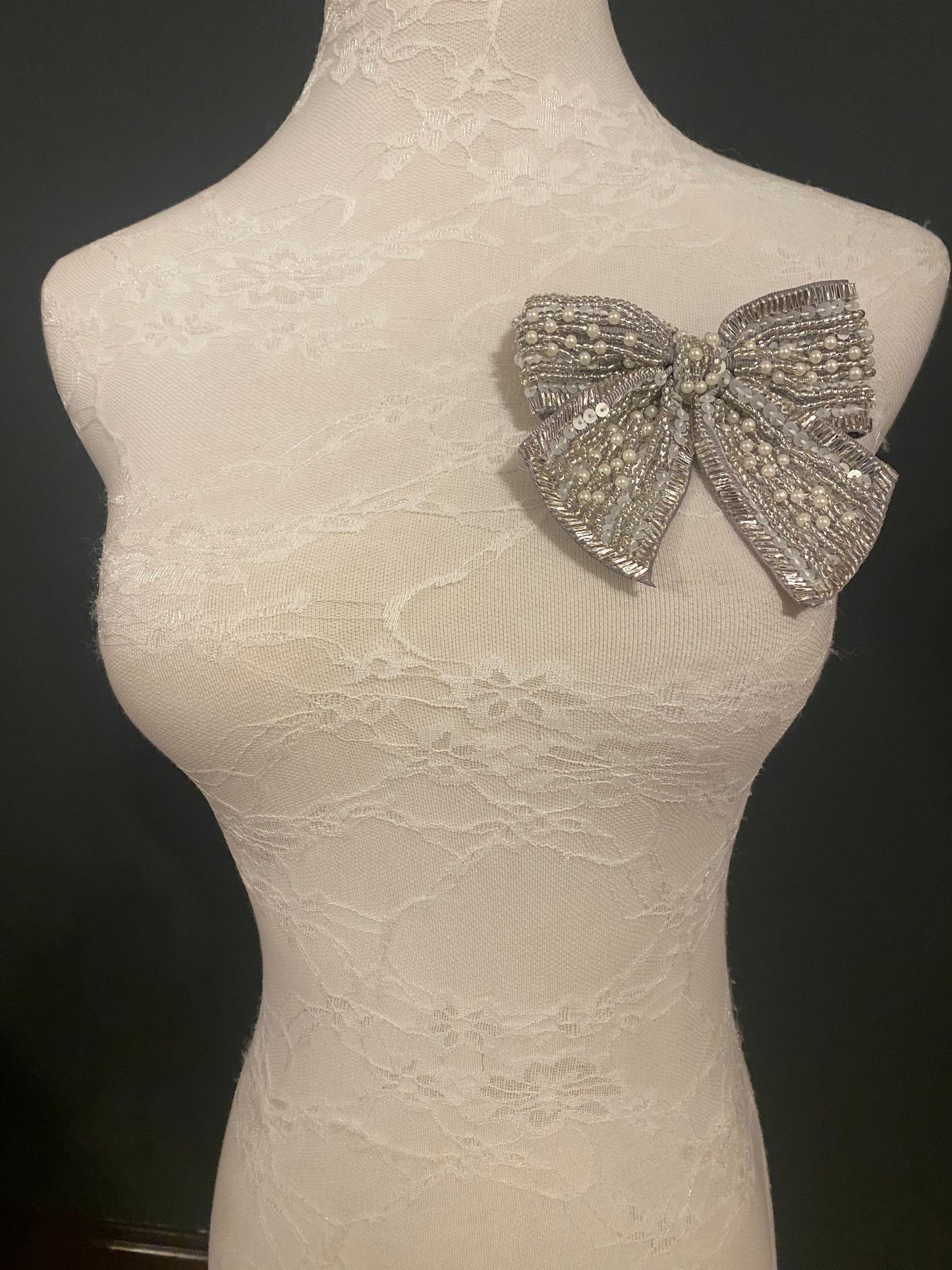 Beaded Bow Corsage, Silver Grey Pearl Brooch (4.5” x 4.5")