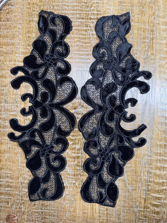 Black Velvet Lace Trim Applique, FAN Design, Sewing Embellishment