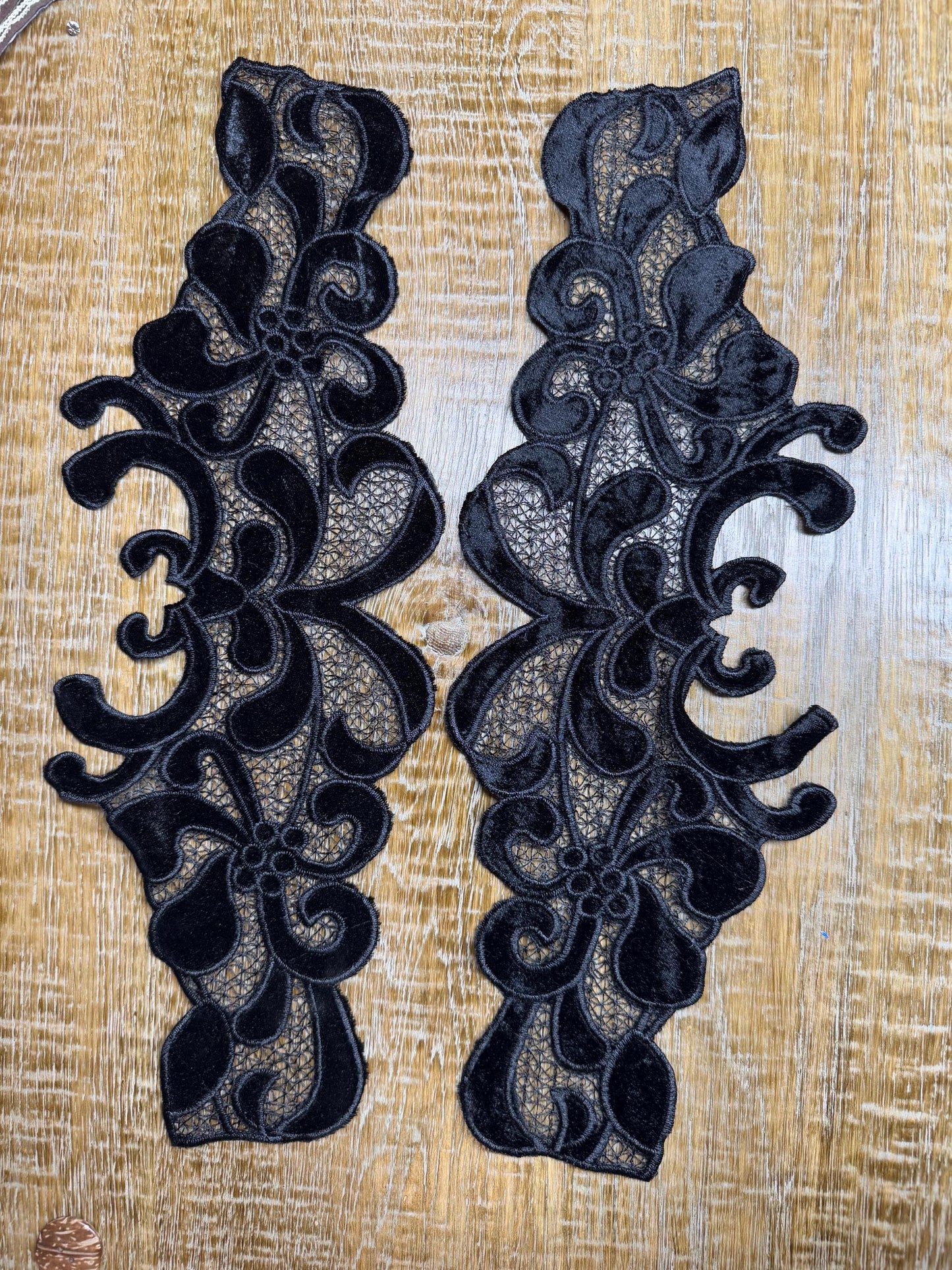Black Velvet Lace Trim Applique, FAN Design, Sewing Embellishment