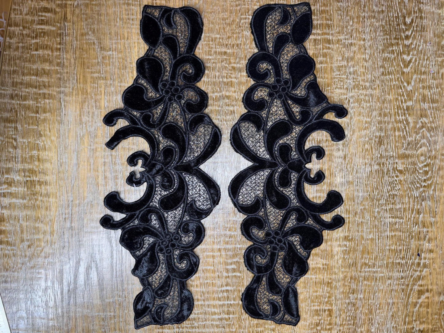 Black Velvet Lace Trim Applique, FAN Design, Sewing Embellishment