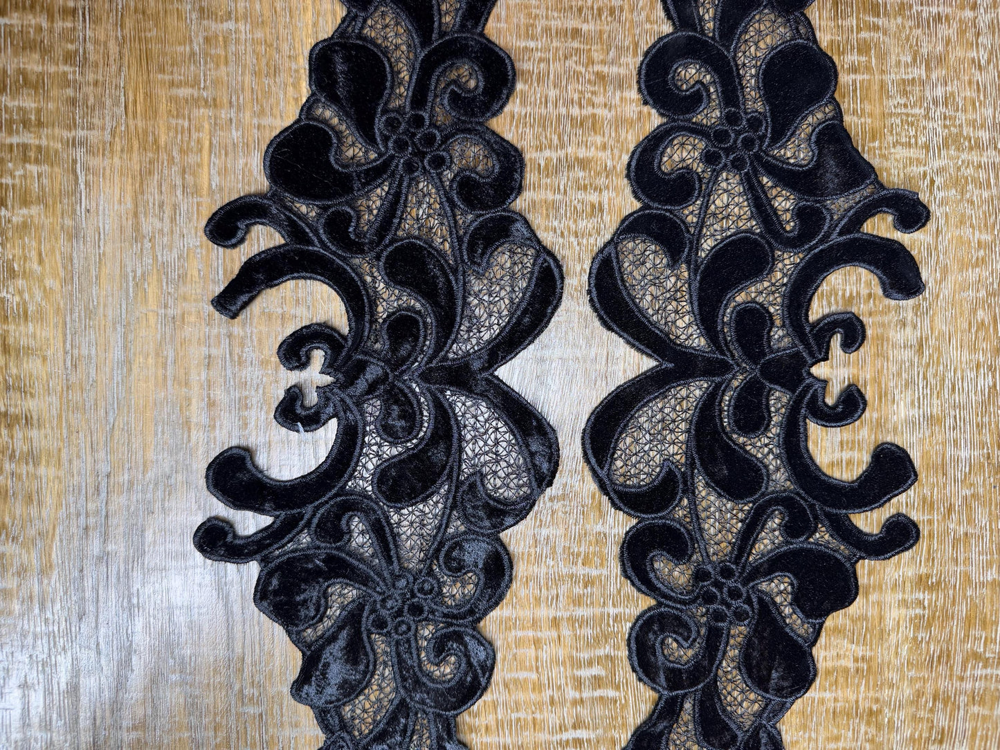 Black Velvet Lace Trim Applique, FAN Design, Sewing Embellishment