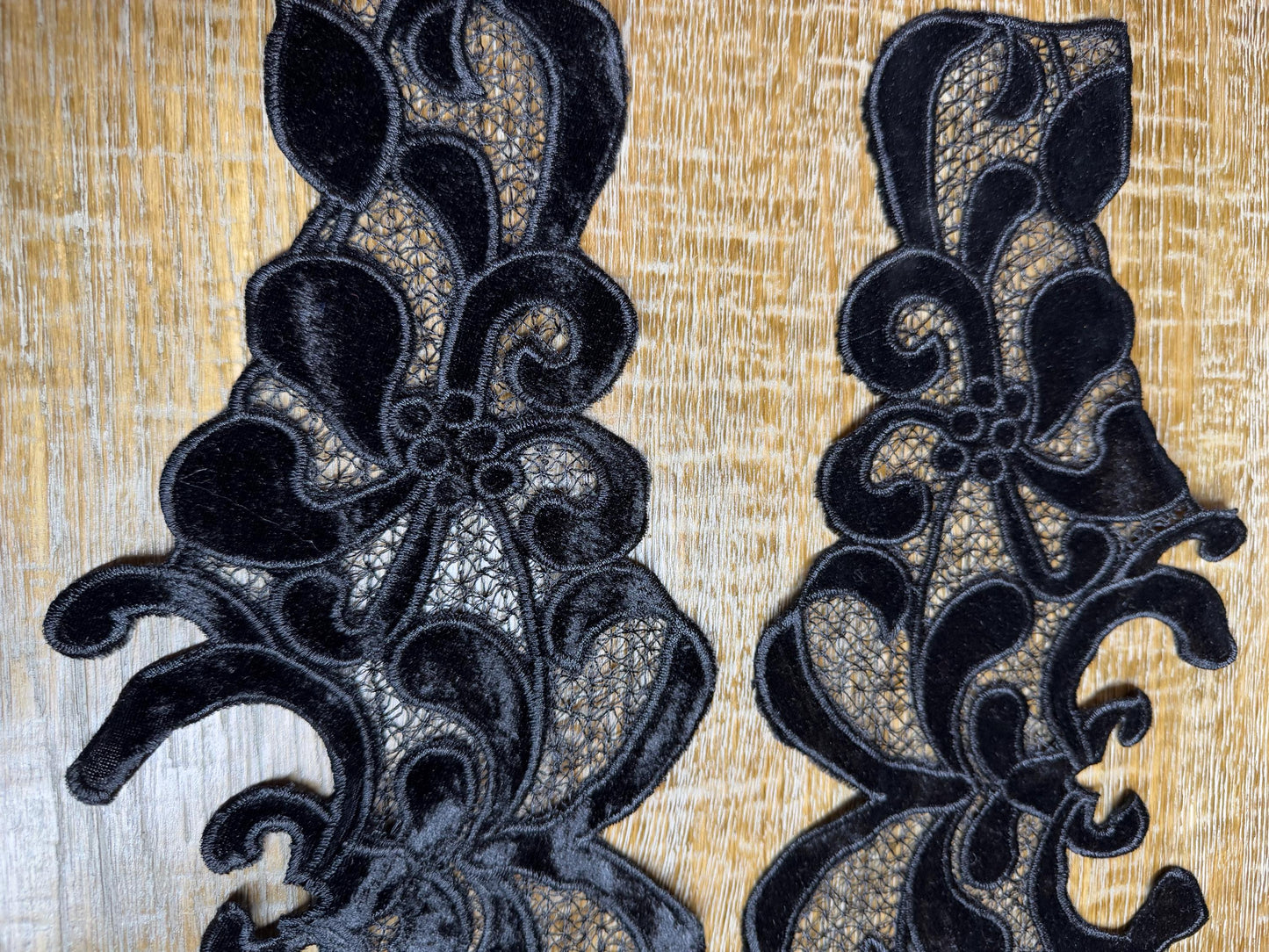 Black Velvet Lace Trim Applique, FAN Design, Sewing Embellishment
