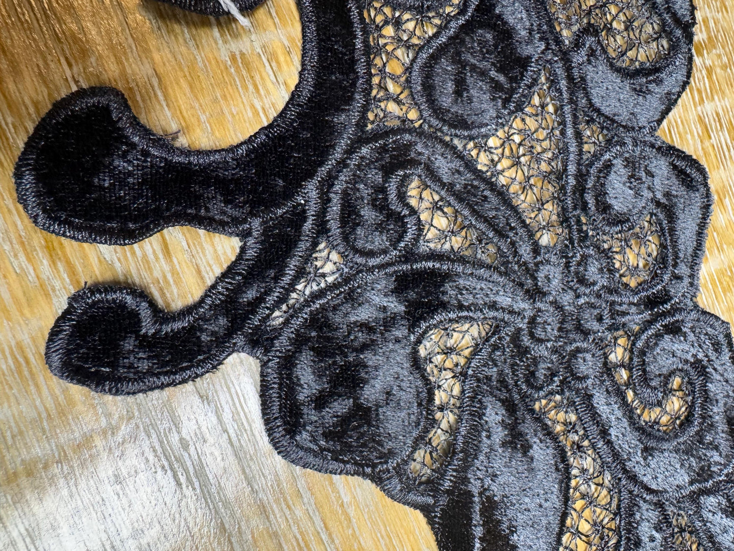 Black Velvet Lace Trim Applique, FAN Design, Sewing Embellishment