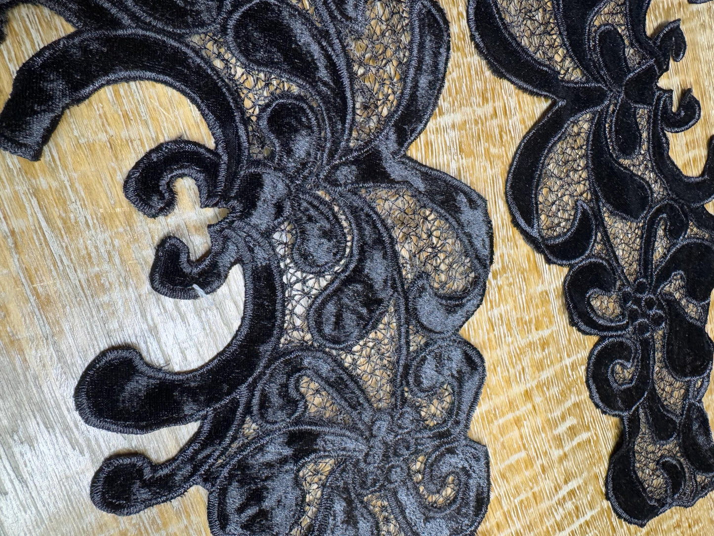 Black Velvet Lace Trim Applique, FAN Design, Sewing Embellishment