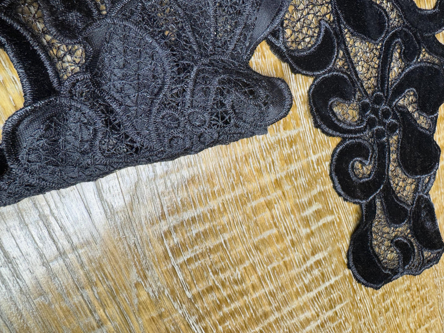 Black Velvet Lace Trim Applique, FAN Design, Sewing Embellishment