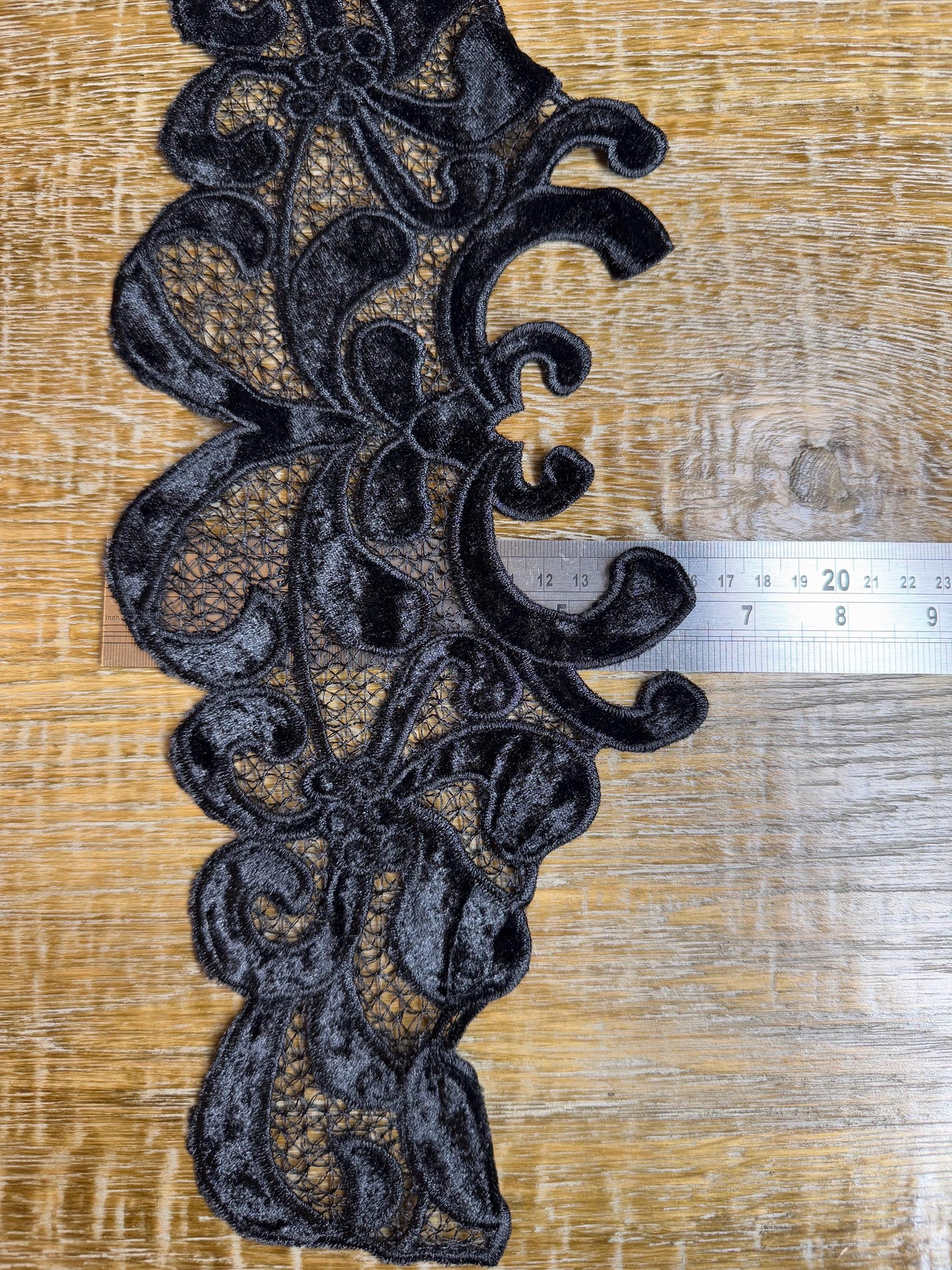 Black Velvet Lace Trim Applique, FAN Design, Sewing Embellishment