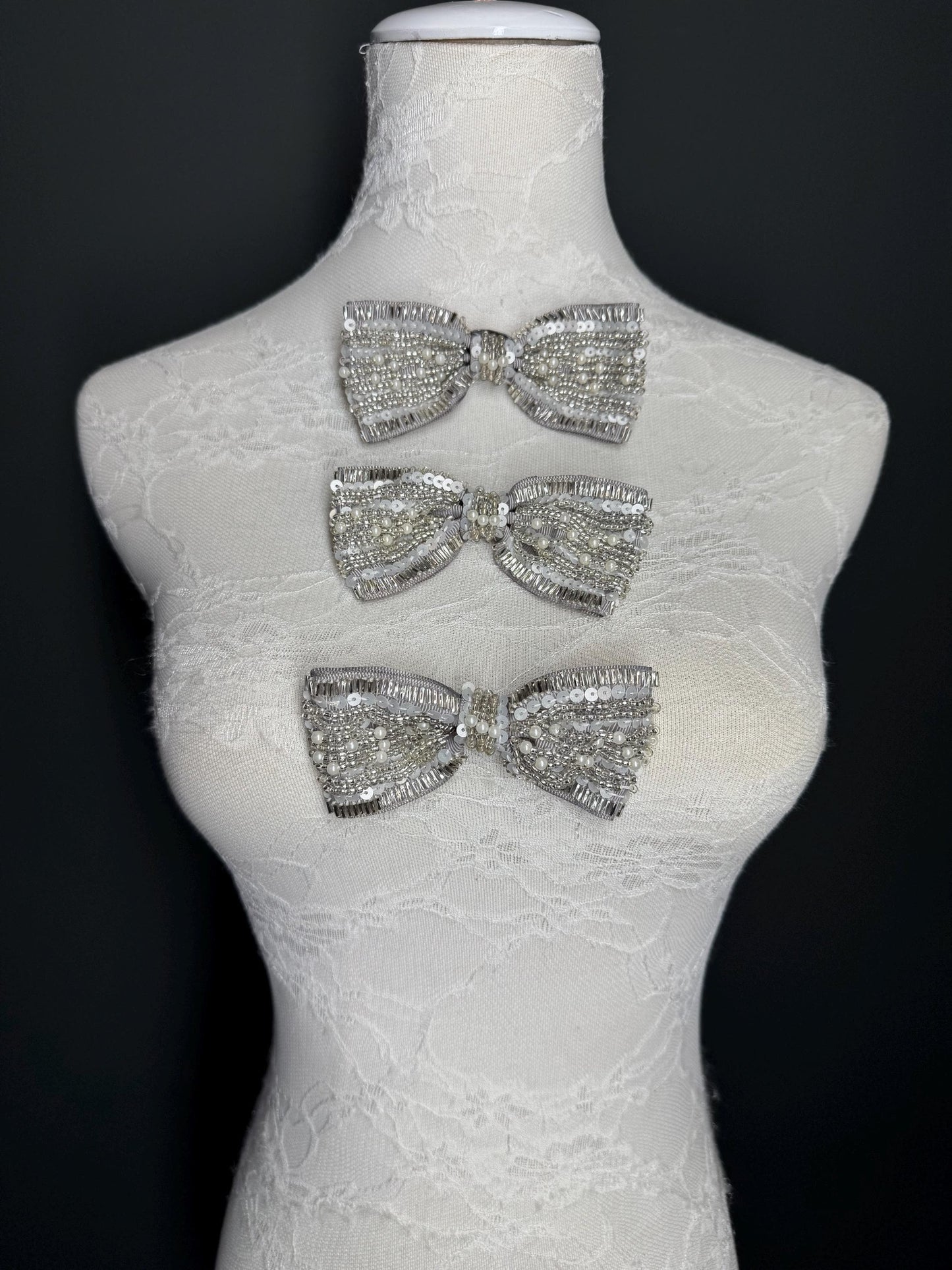 Beaded Bow Corsage, Silver Grey Ribbon, Pearls Brooch