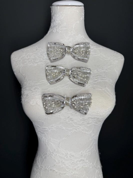 Beaded Bow Corsage, Silver Grey Ribbon, Pearls Brooch