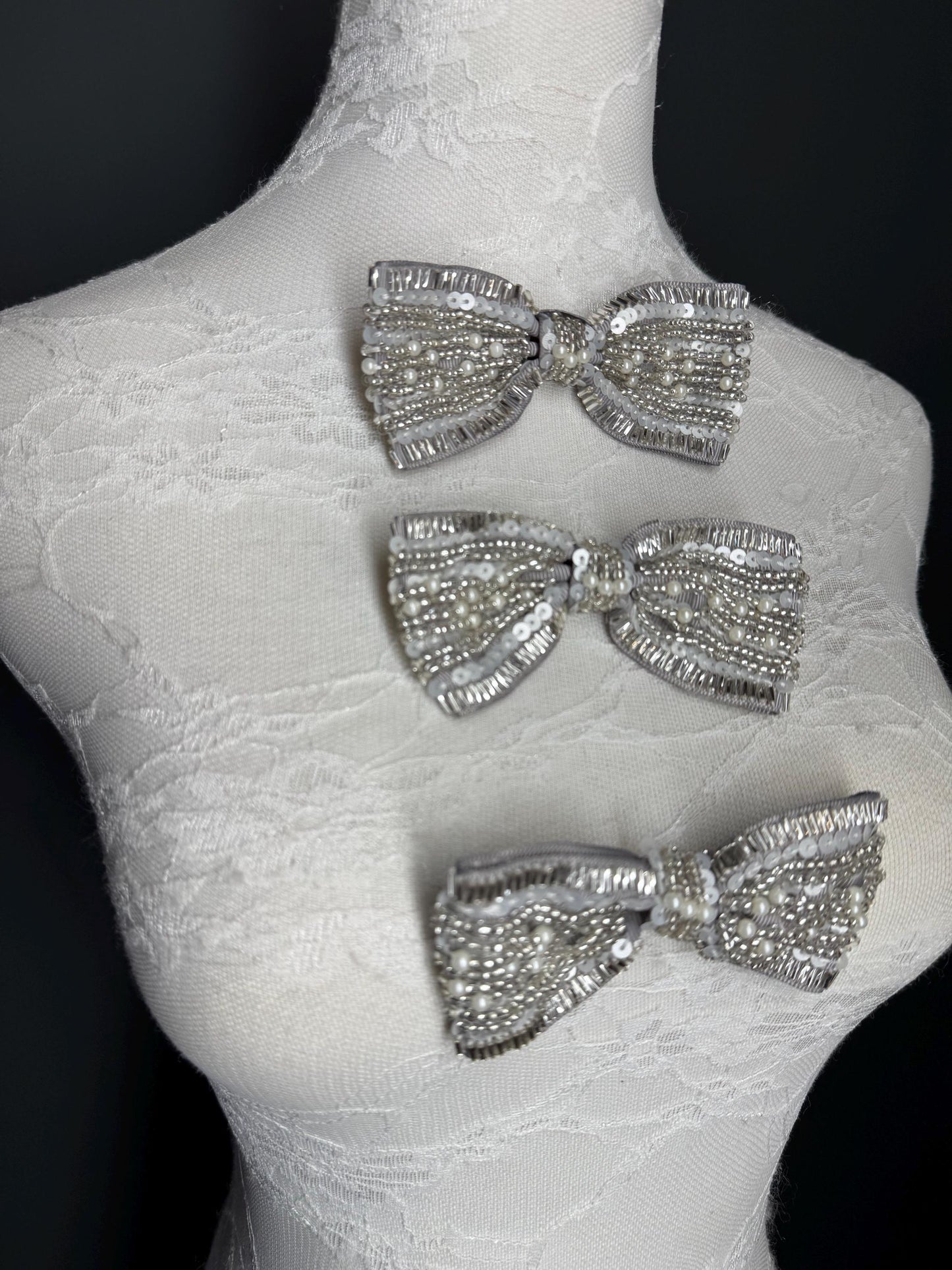 Beaded Bow Corsage, Silver Grey Ribbon, Pearls Brooch