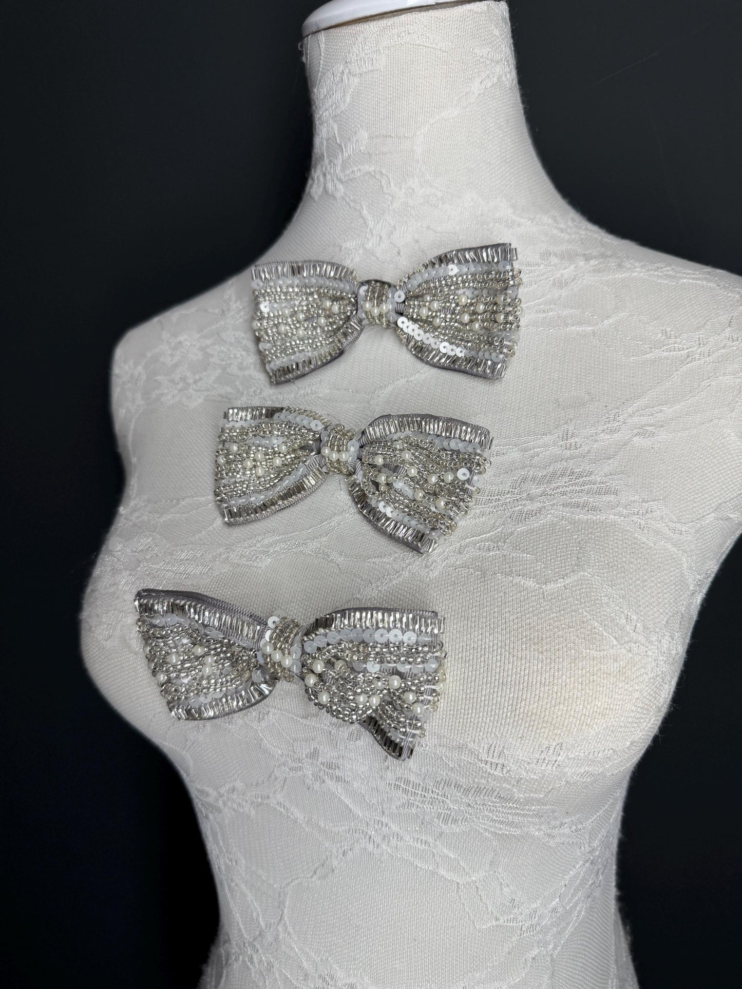 Beaded Bow Corsage, Silver Grey Ribbon, Pearls Brooch